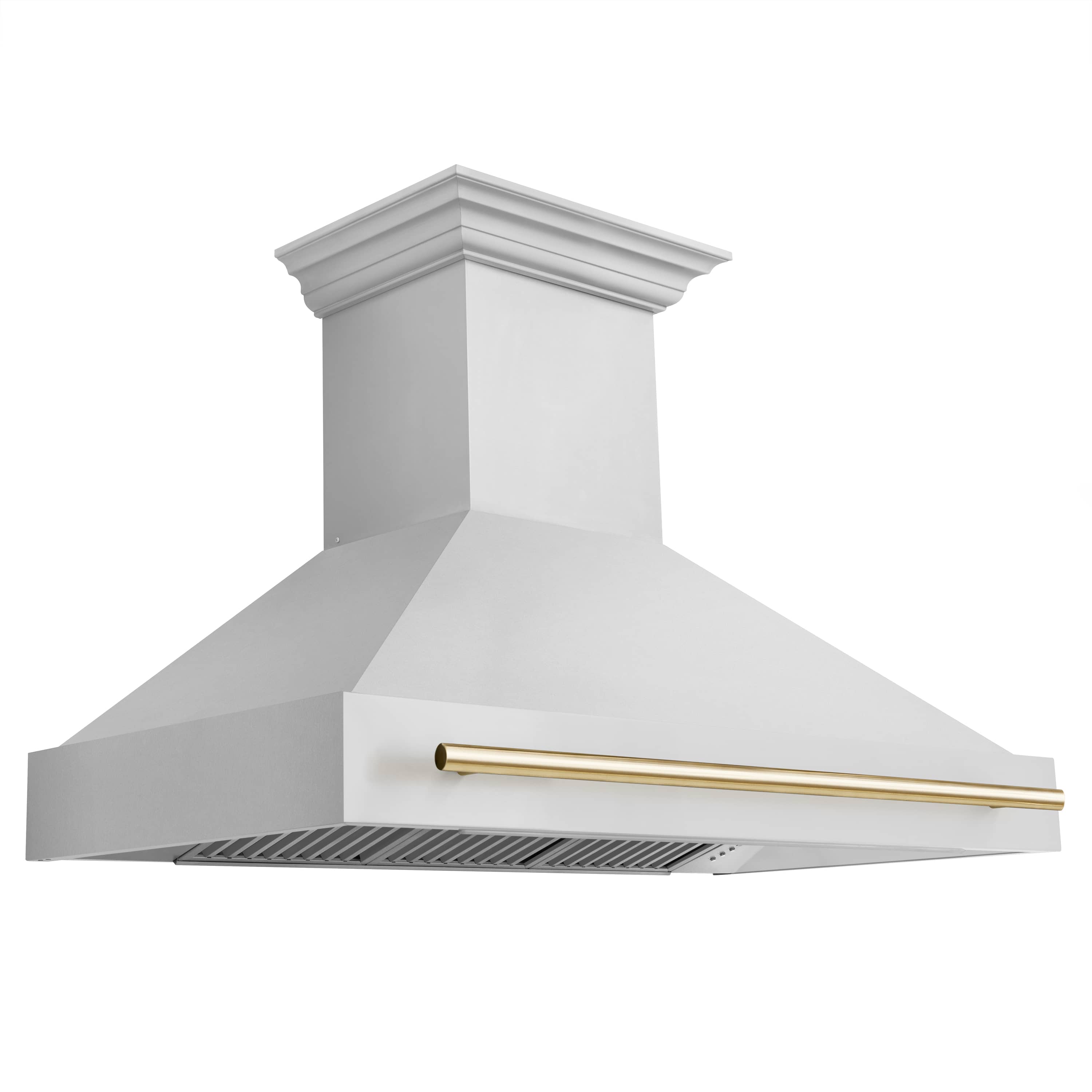 White wall-mount range hood underside with gold handle bar and vent slots