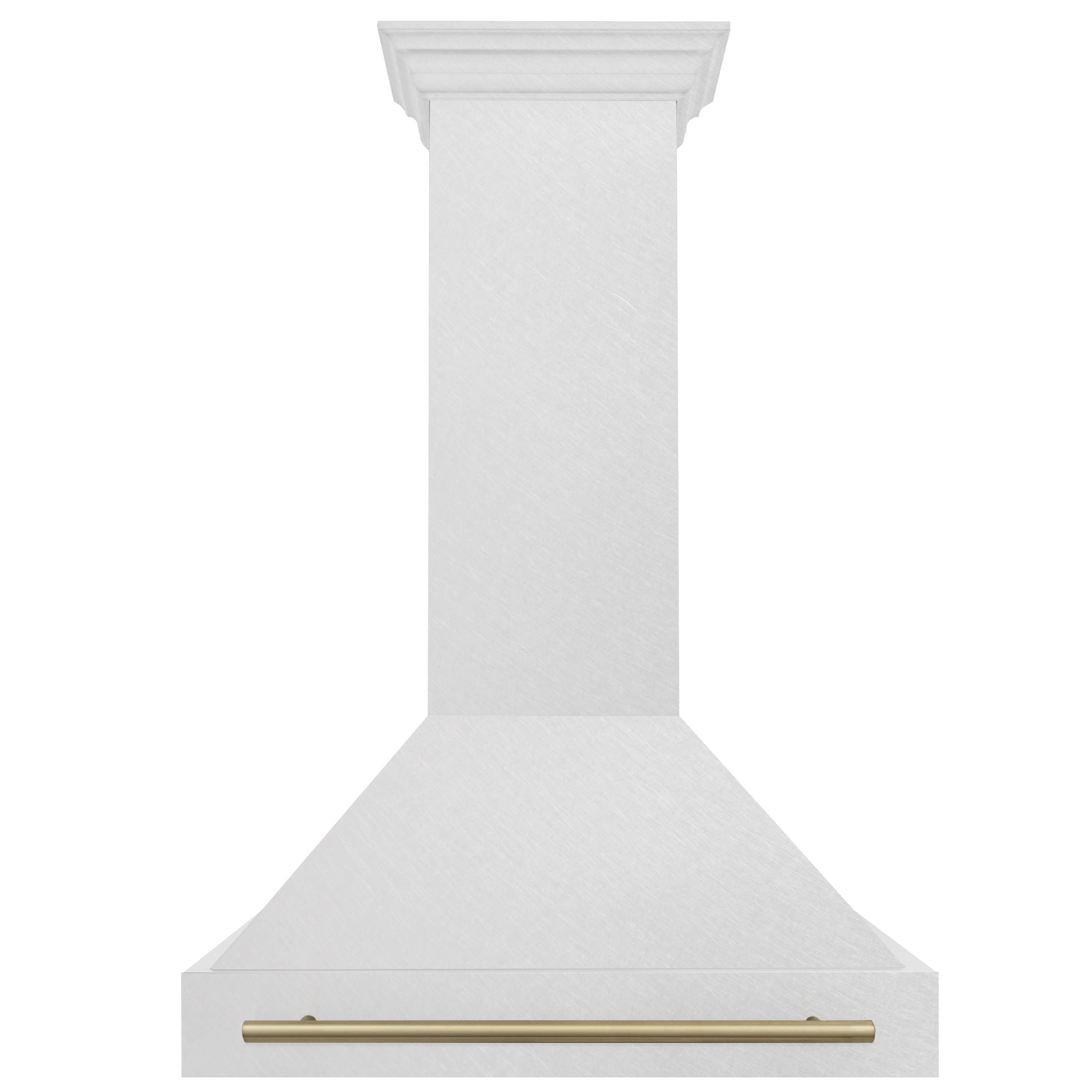 Wall mount range hood with bronze handle bar and tall chimney column
