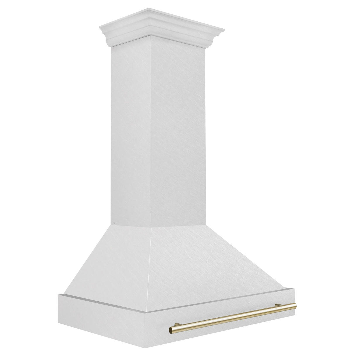 Flared satin stainless steel wall range hood with gold handle bar and chimney chimney body