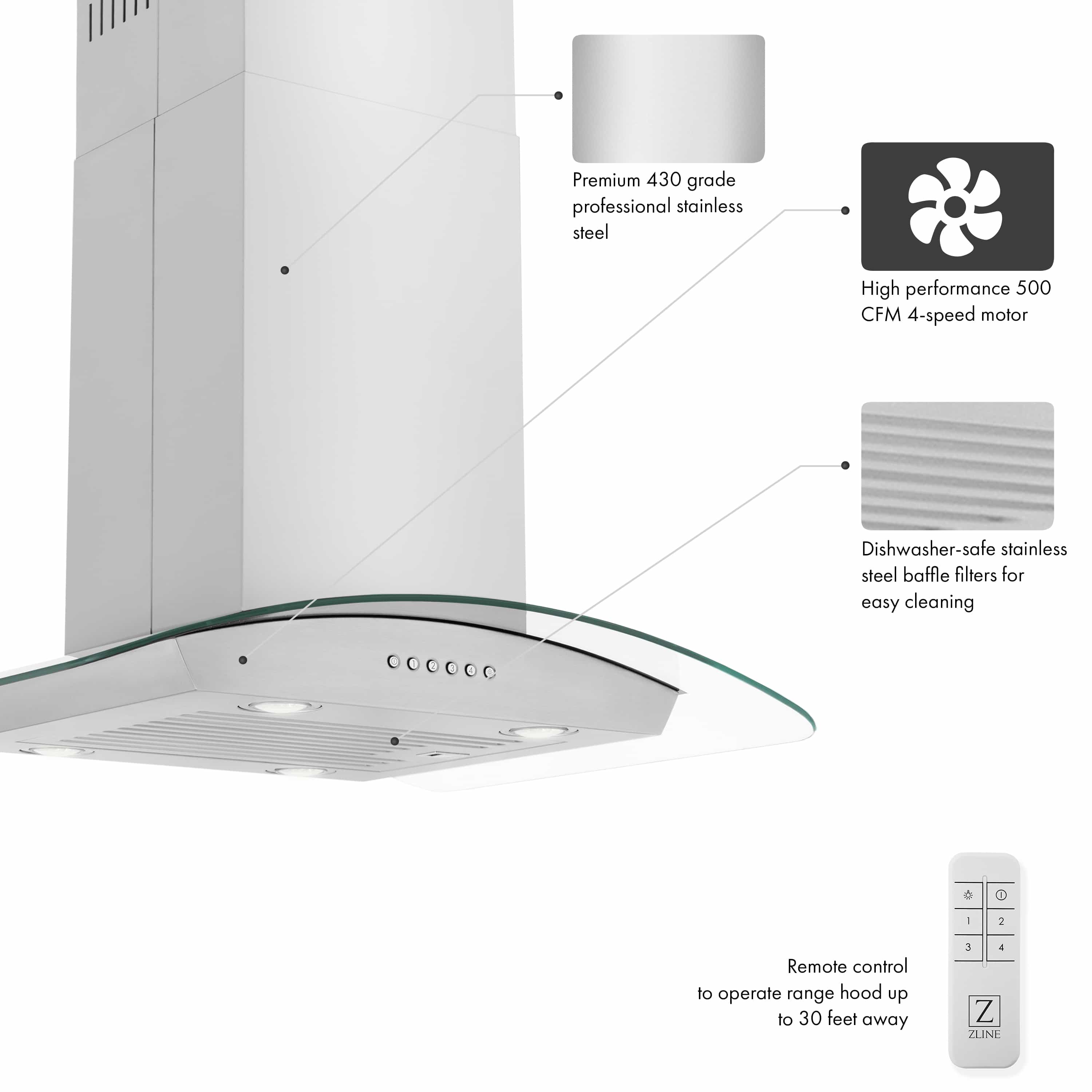 Stainless steel 30-inch island mount range hood with curved canopy and control panel