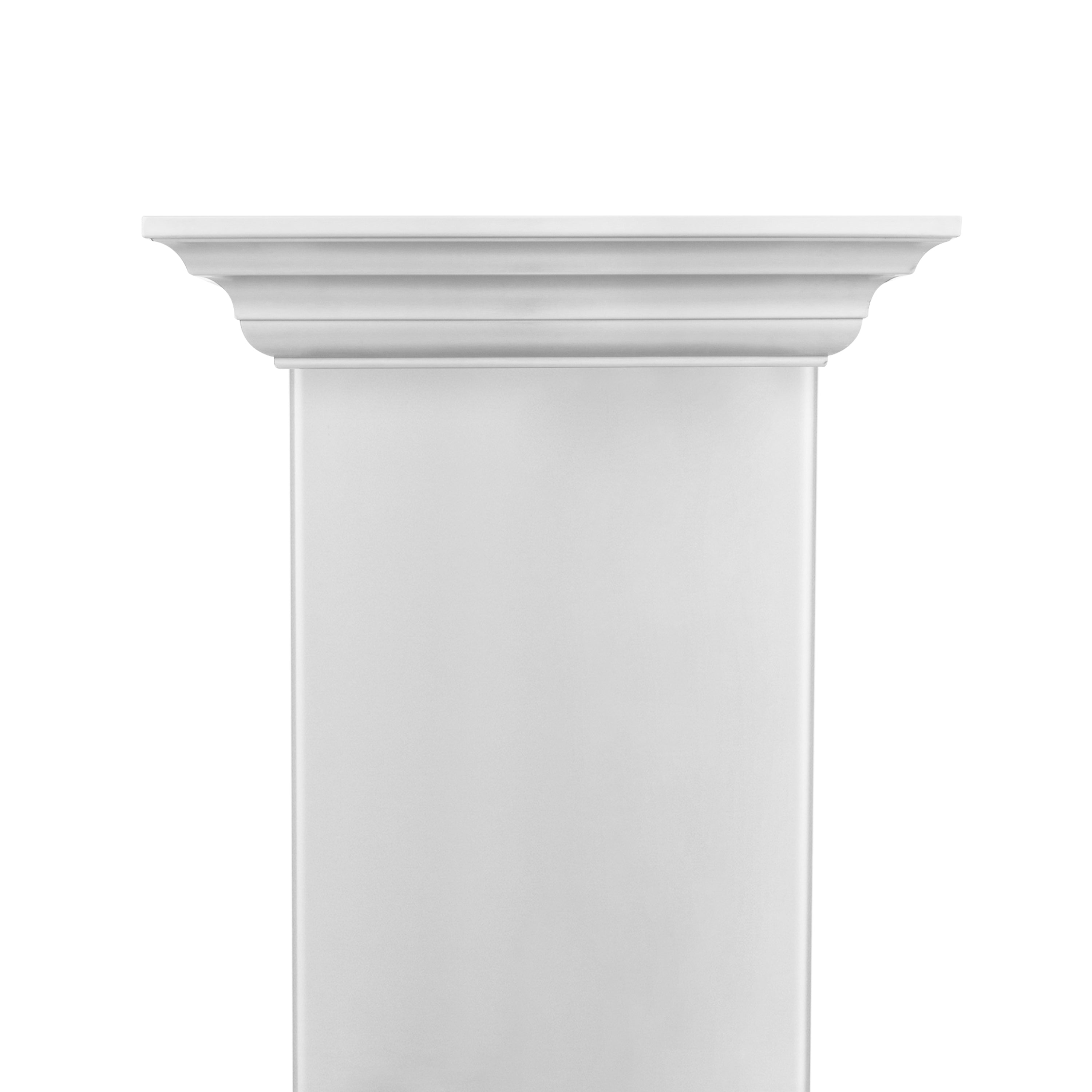 White crown molding trim cap for island range hood, smooth column front