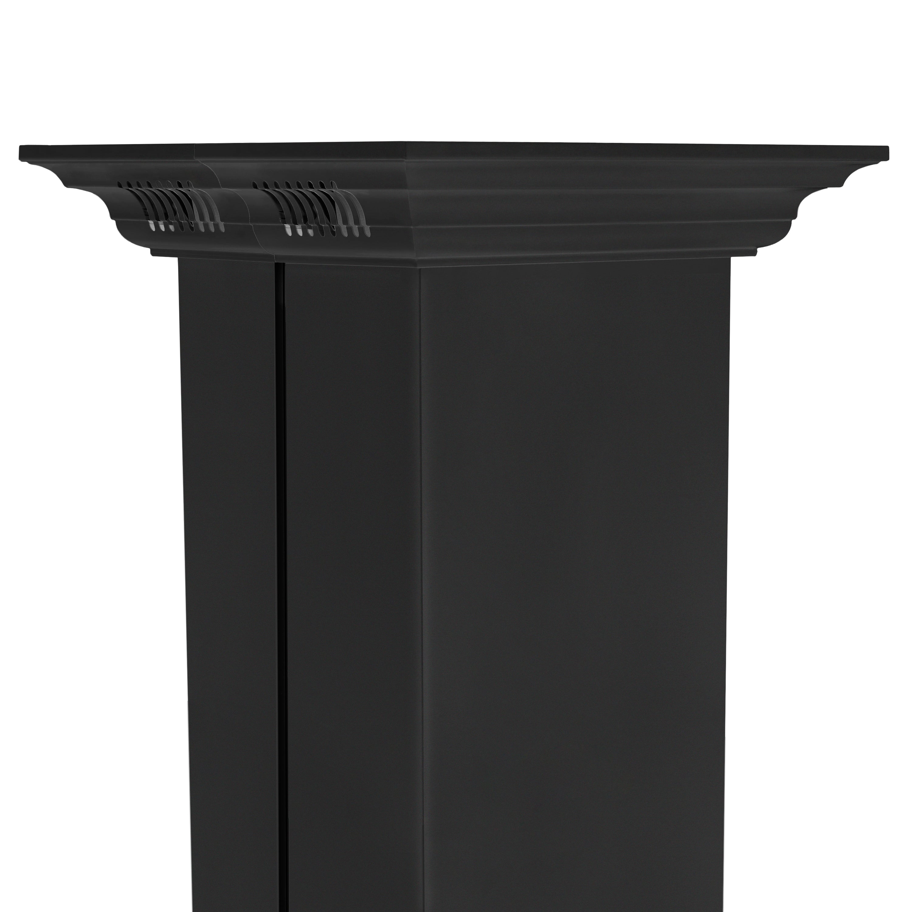 Black crown molding with side speaker grille rows and smooth vertical panels