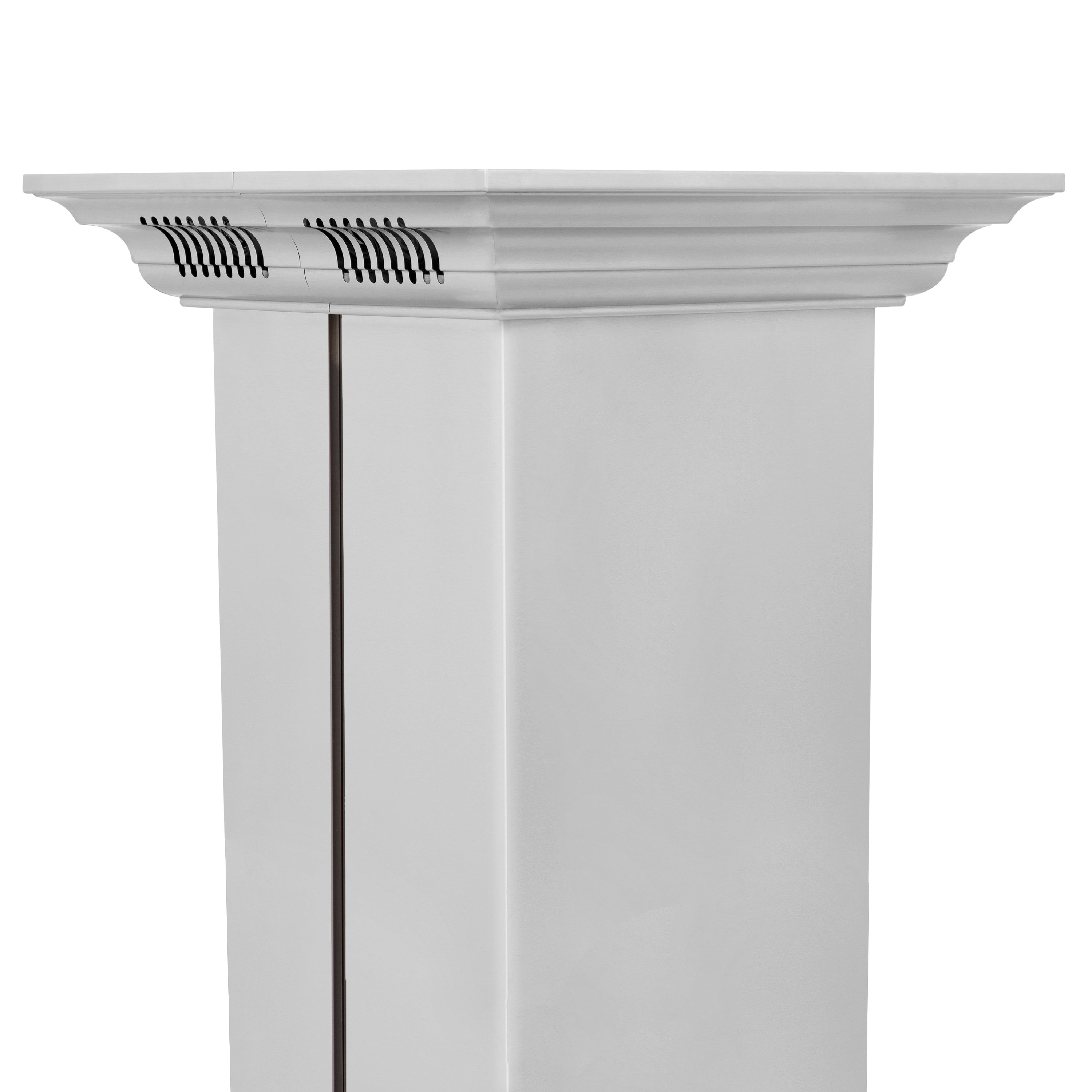 Light-colored crown molding ceiling speaker with two speaker grille panels along underside