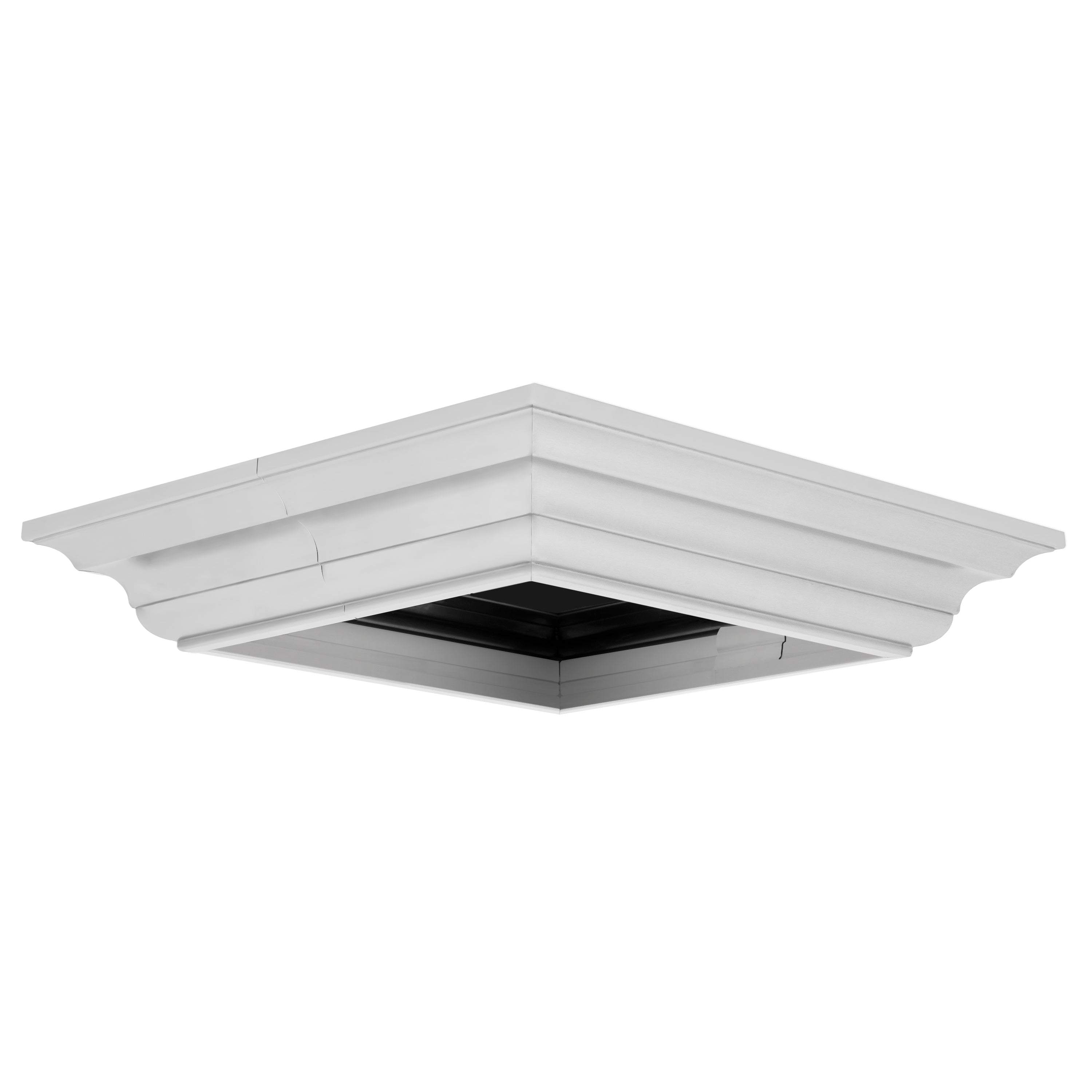 White crown molding top trim with inner duct opening for island range hood