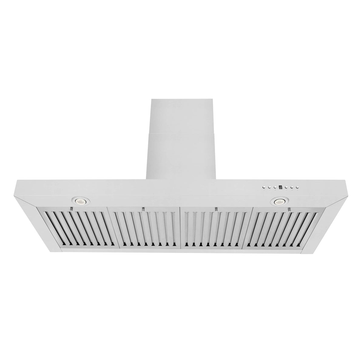 Stainless steel convertible range hood with vent grille and control buttons