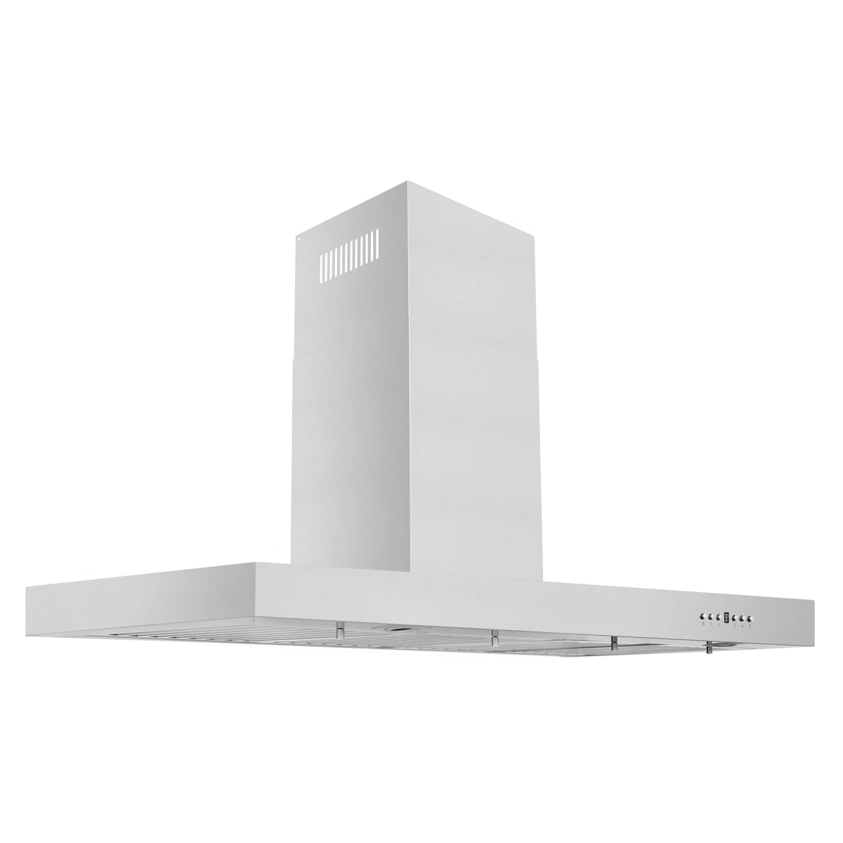 Stainless steel range hood with chimney stack, wall mount body, and vent grille