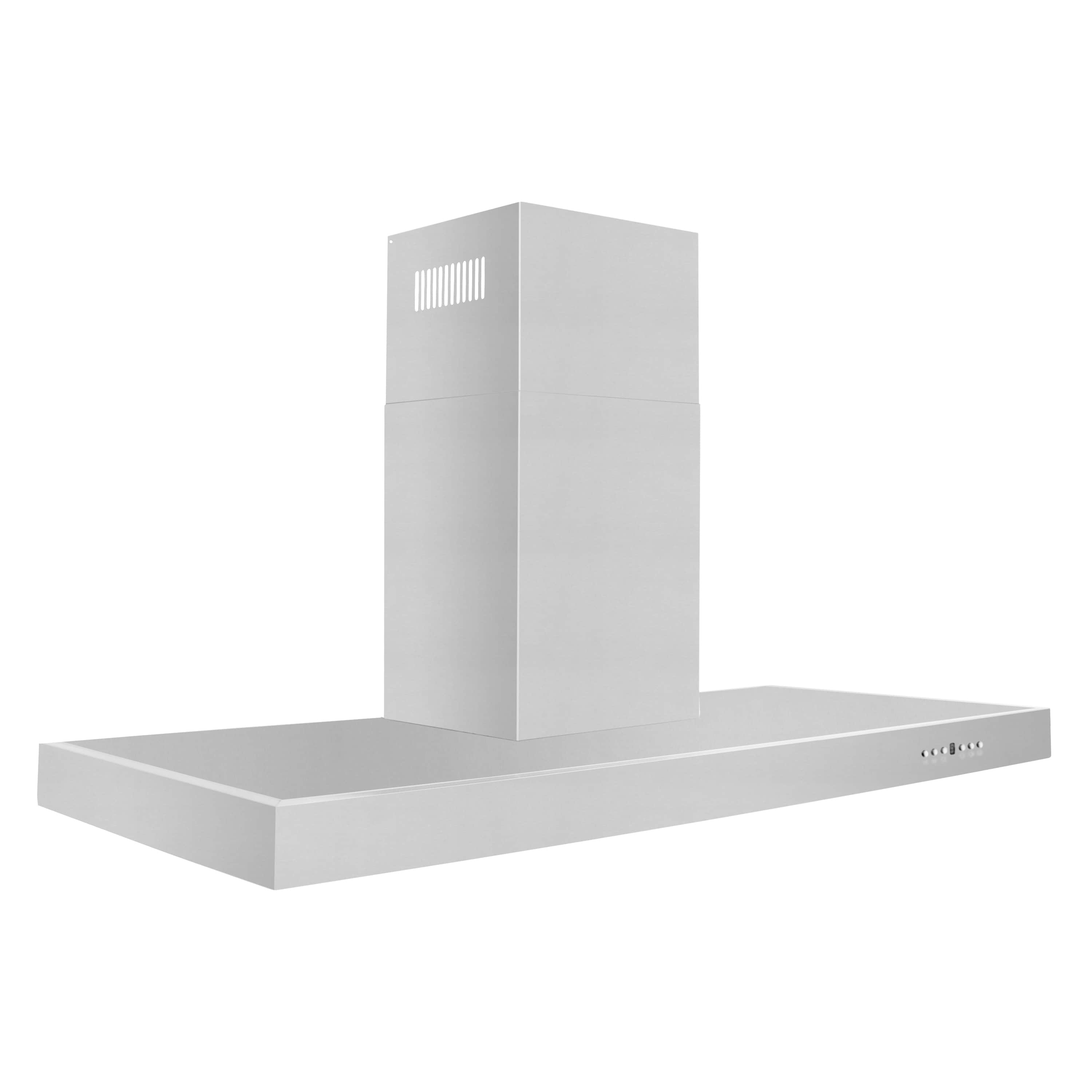 Stainless steel convertible vent wall mount range hood in angled three-quarter view