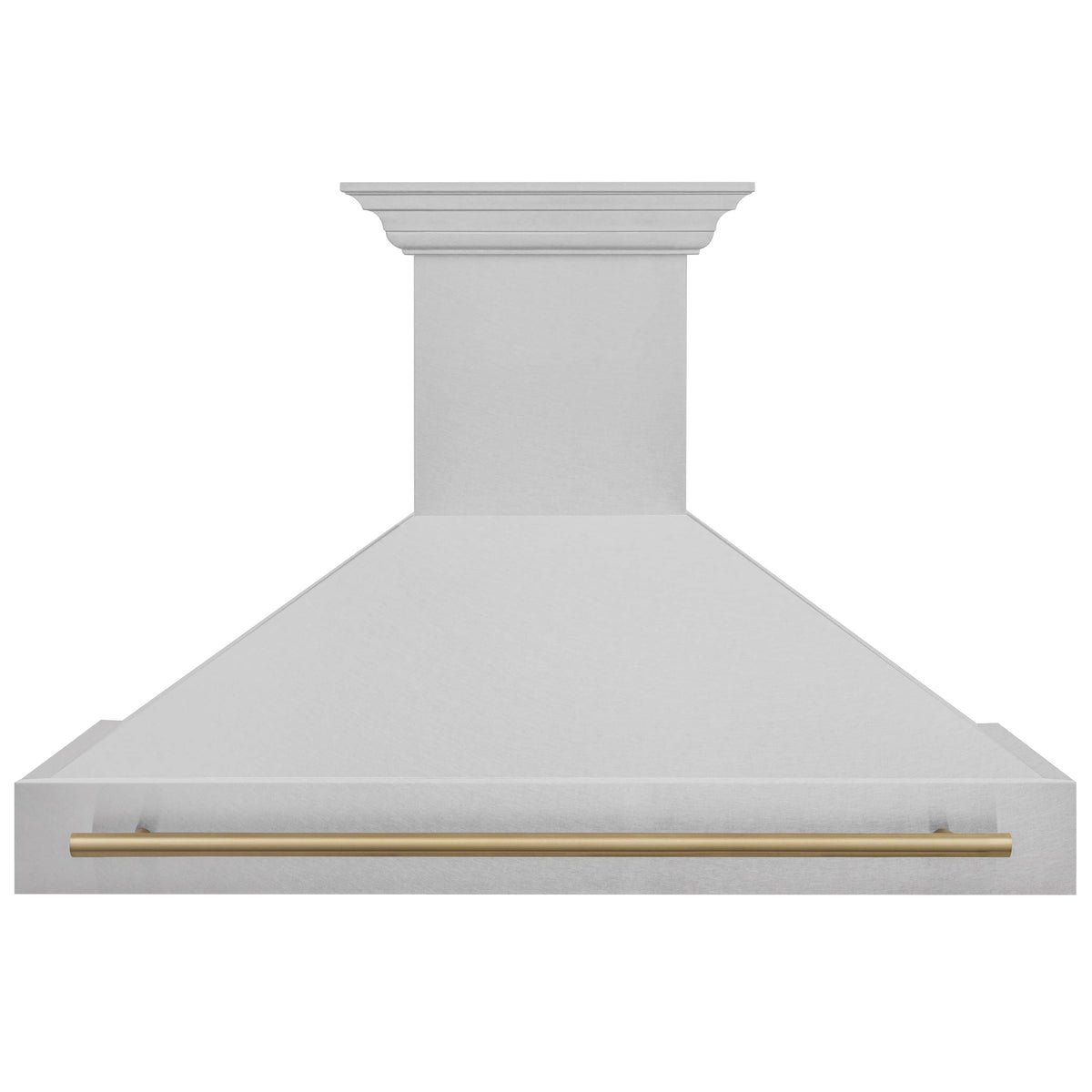 Satin stainless wall mount range hood with champagne bronze horizontal trim bar