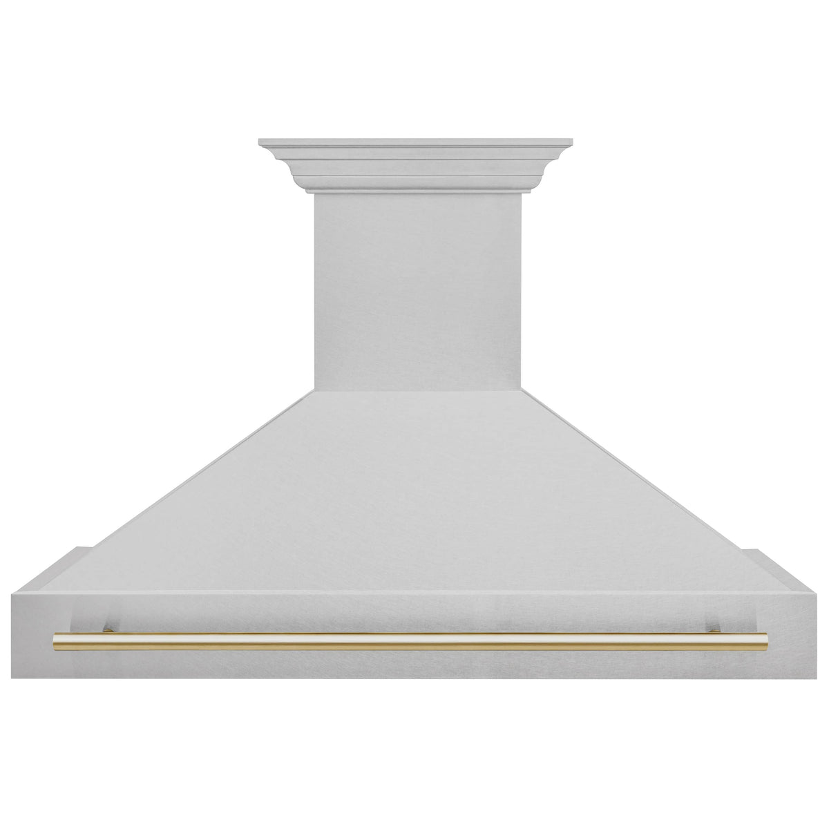 Satin stainless chimney range hood with long gold bar handle and vent opening