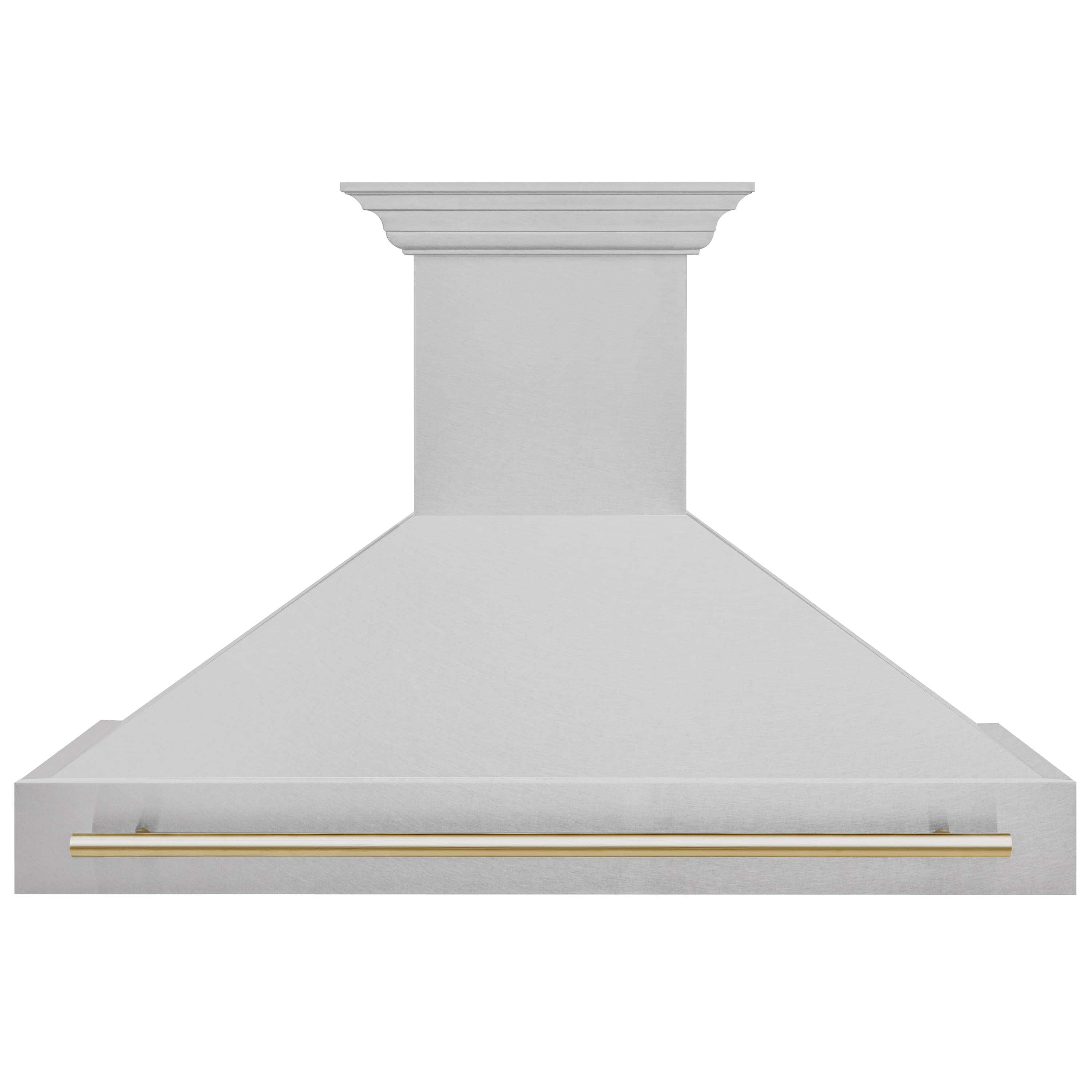 Stainless steel wall range hood with long gold-trimmed handle bar, front view
