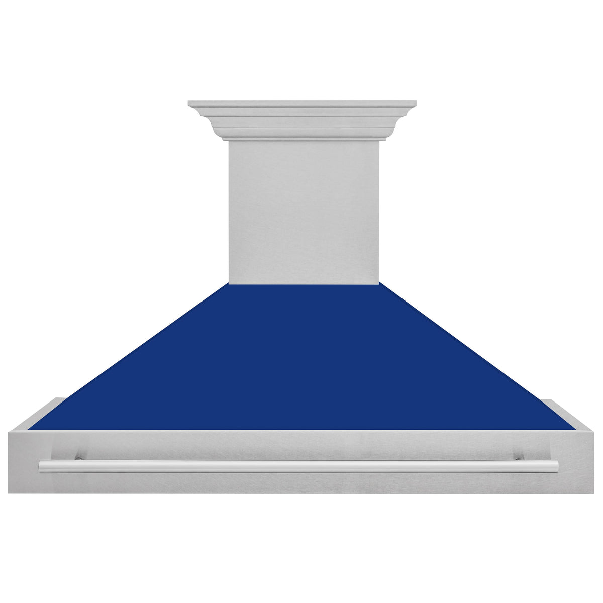 Wall-mount range hood side profile with satin stainless chimney, blue gloss canopy, and vent bar.
