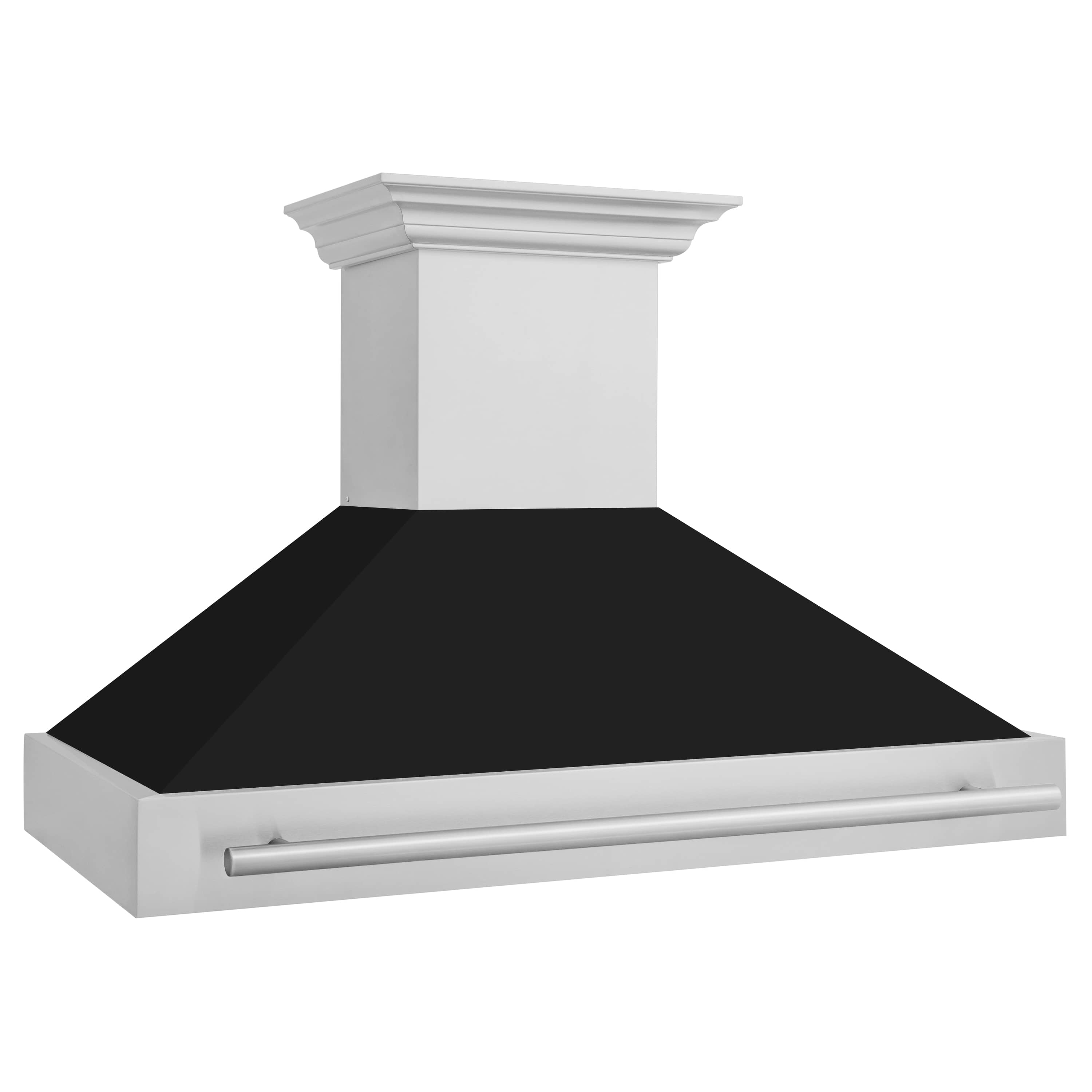 Wall-mount range hood with black baffle and stainless handle bar; angled front view