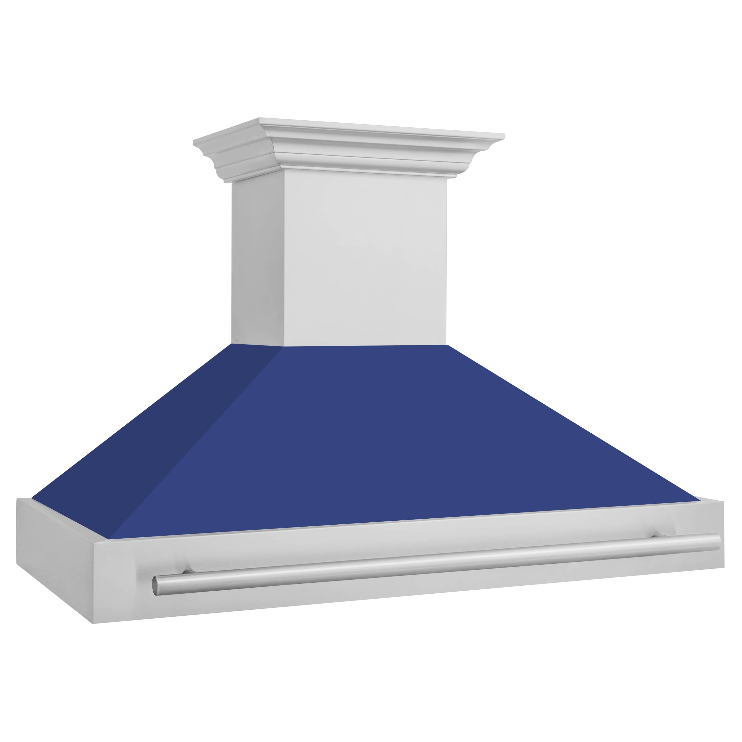 Stainless wall mount range hood with blue matte canopy and centered horizontal handle