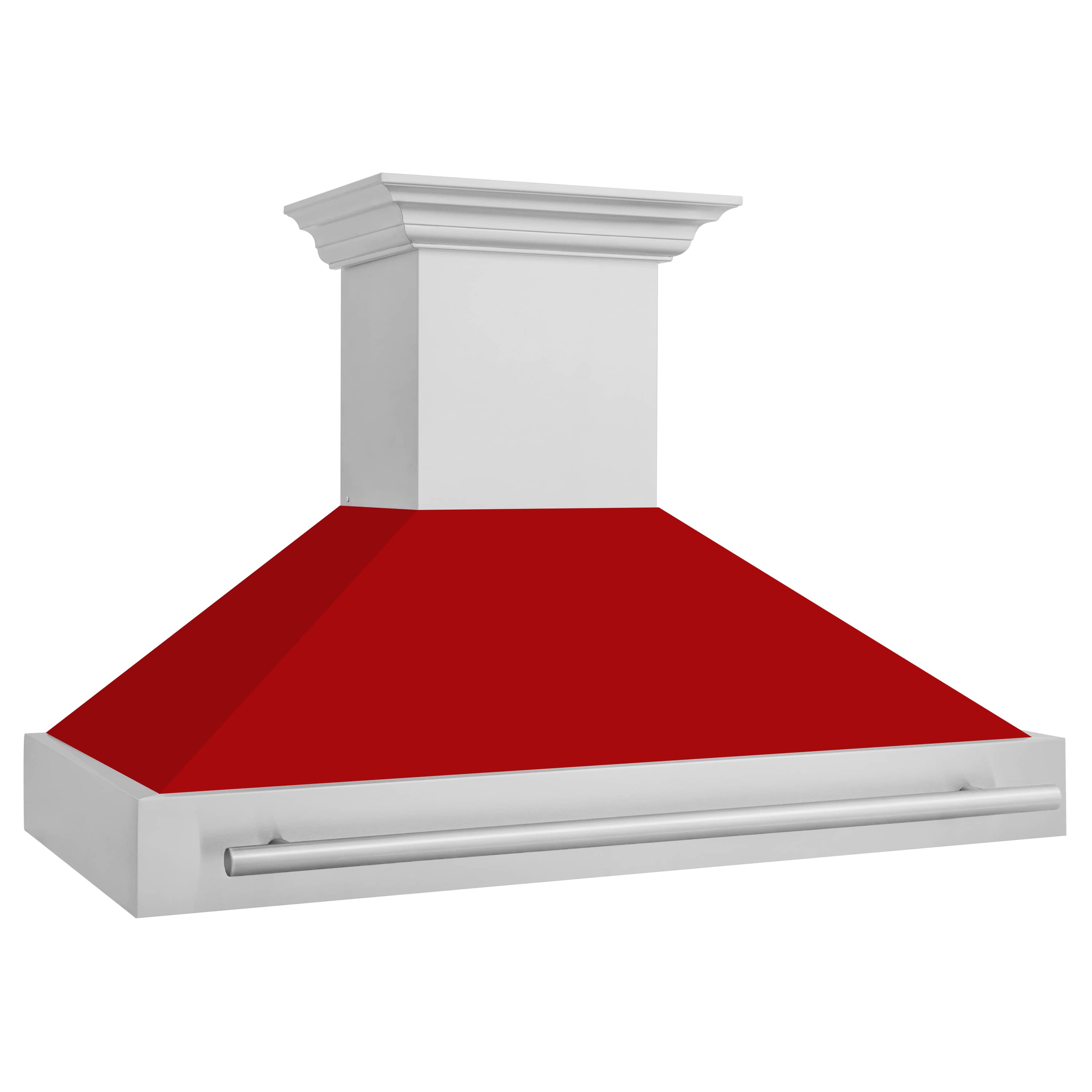 Wall mount range hood with red matte canopy and stainless handle, white body
