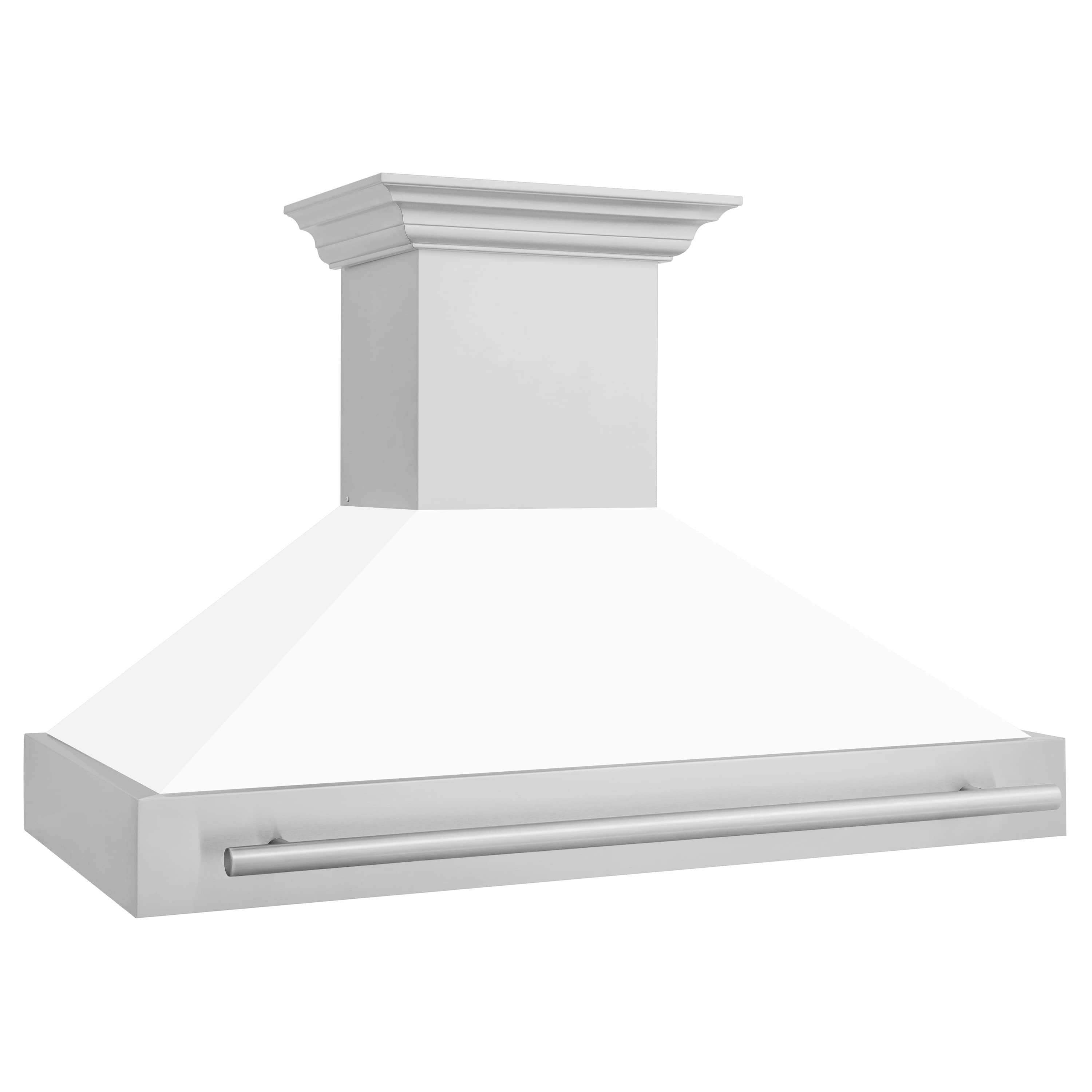 White matte wall mount range hood with stainless handle bar, 3/4 angle