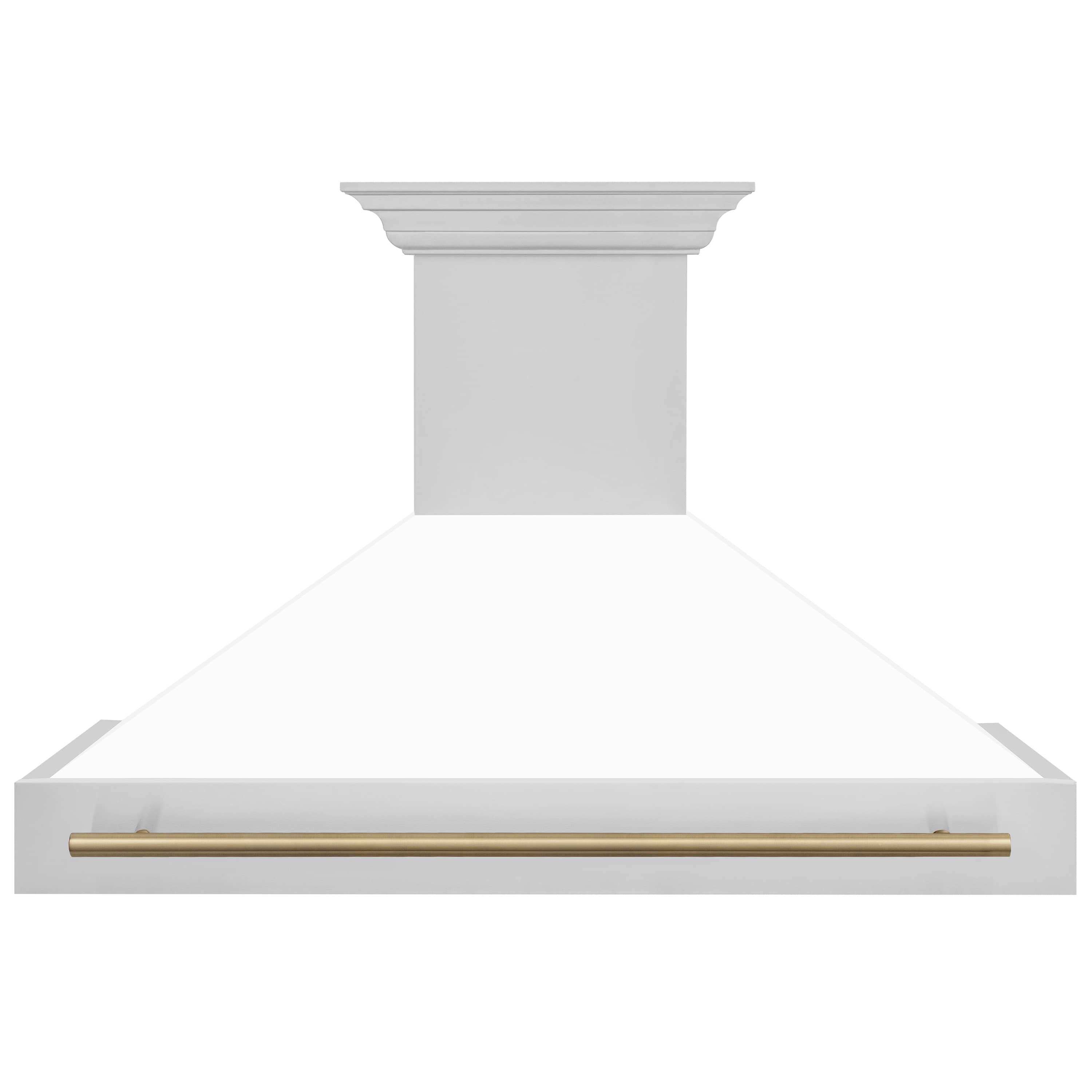 White chimney range hood with champagne bronze handle bar across the front opening