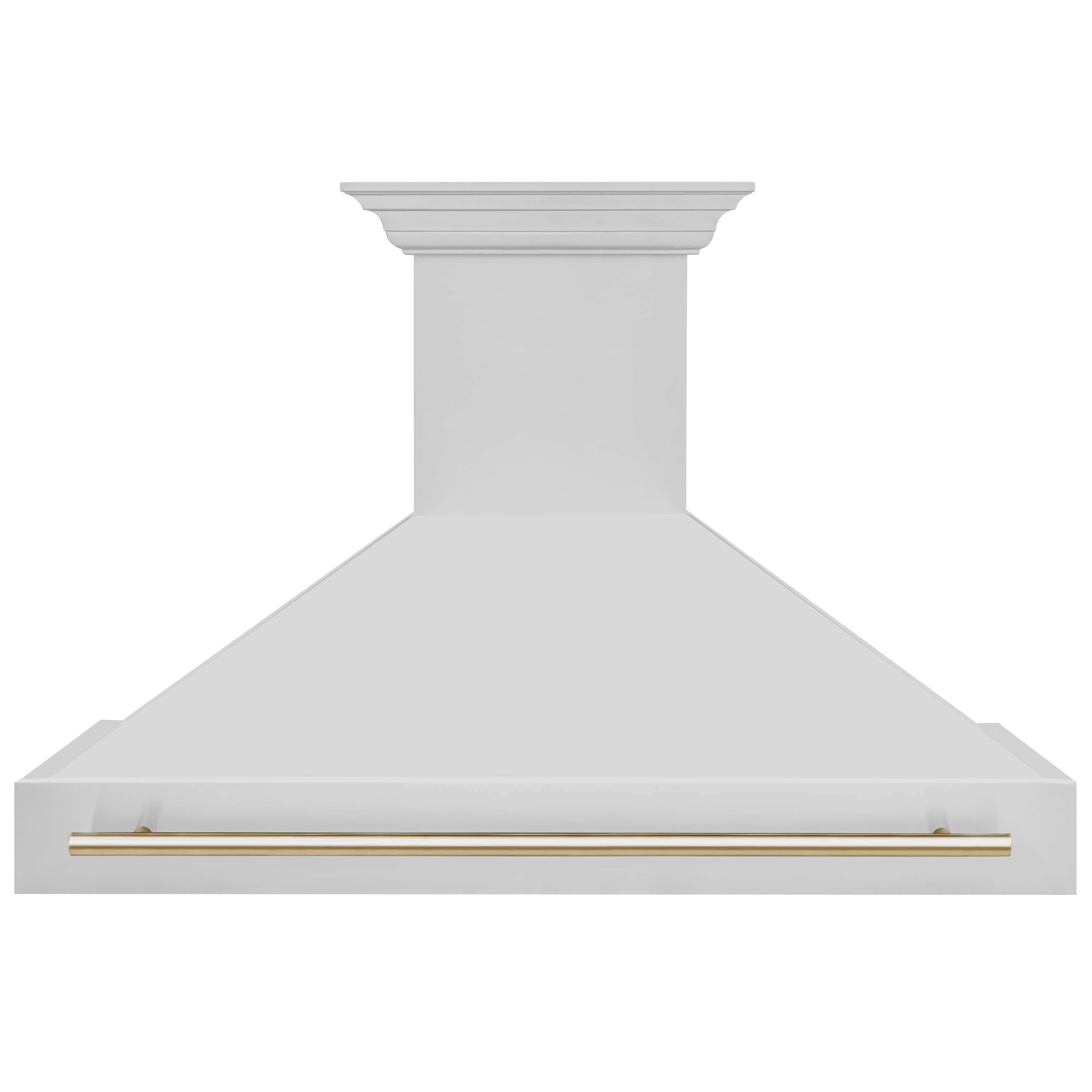 White wall-mount range hood side view with gold handle bar