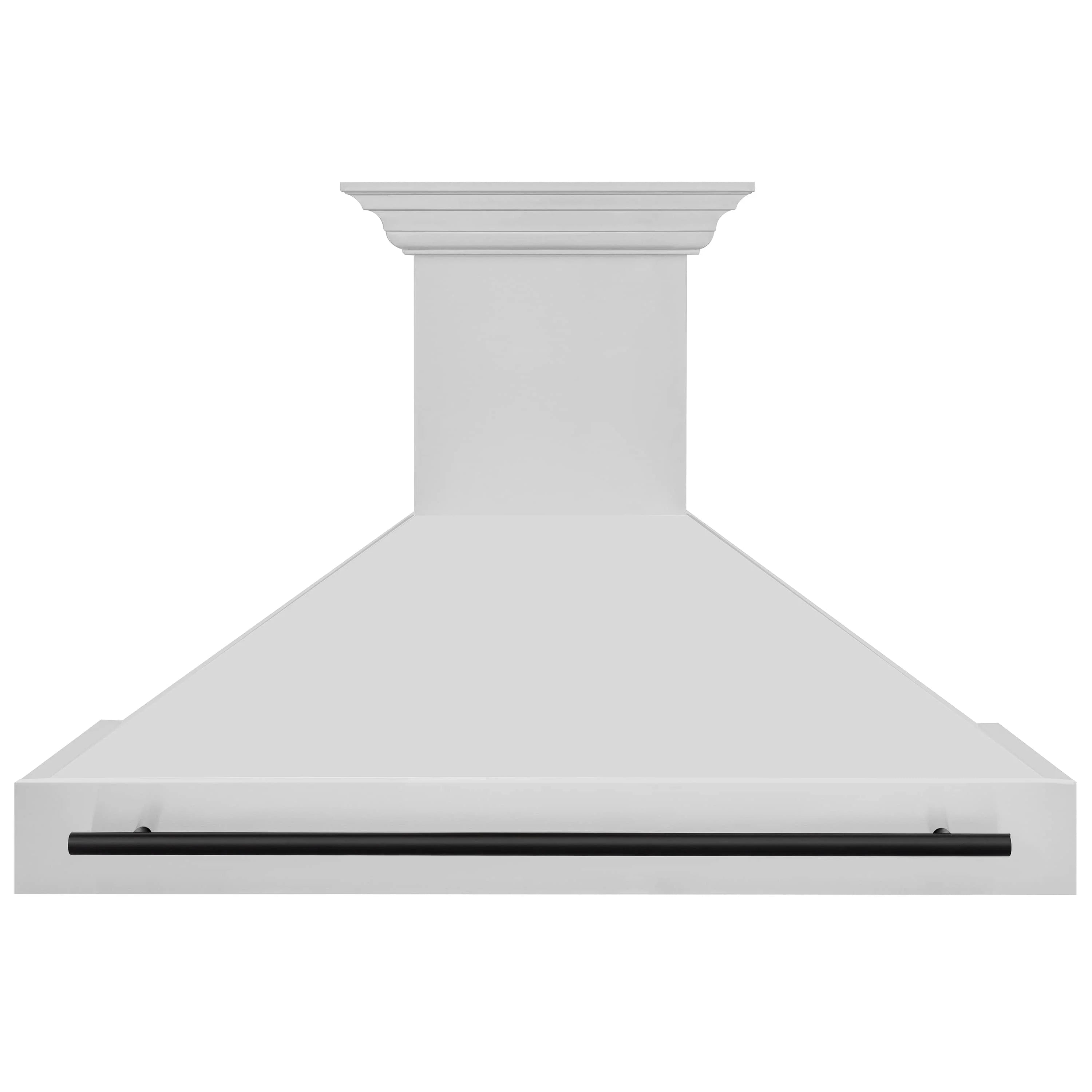 White wall mounted range hood with black handle bar and vent opening