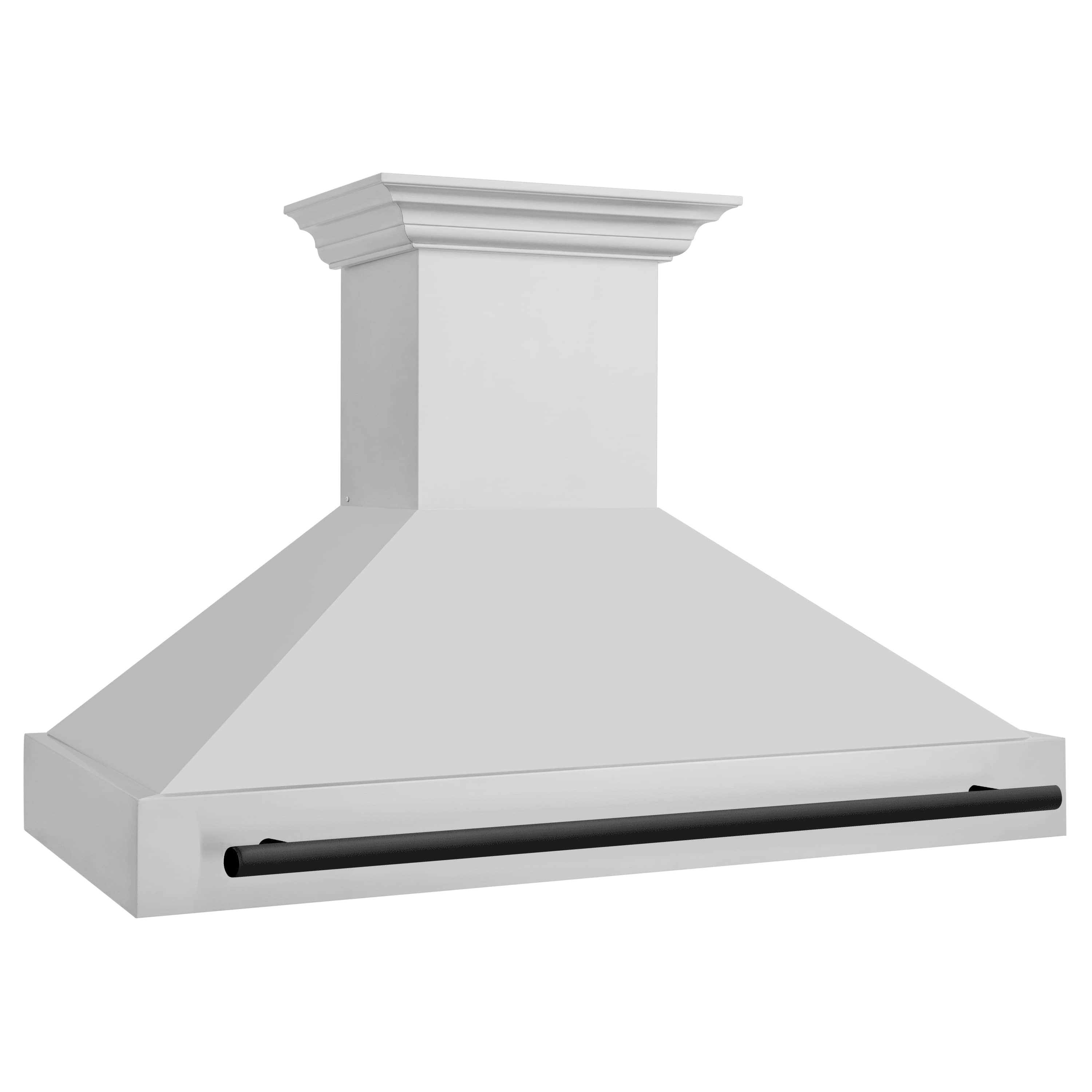 Wall-mounted range hood with matte black trim bar and white canopy chimney