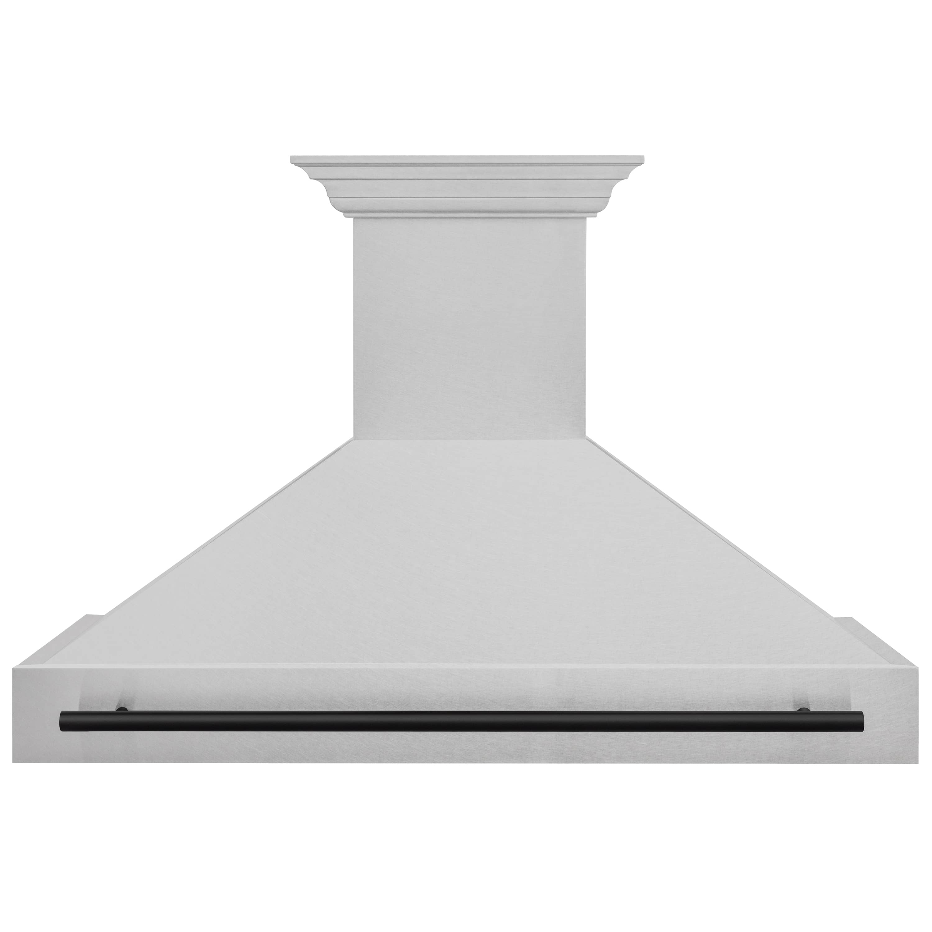 Wall-mounted range hood with front panel, satin finish, and black handle bar