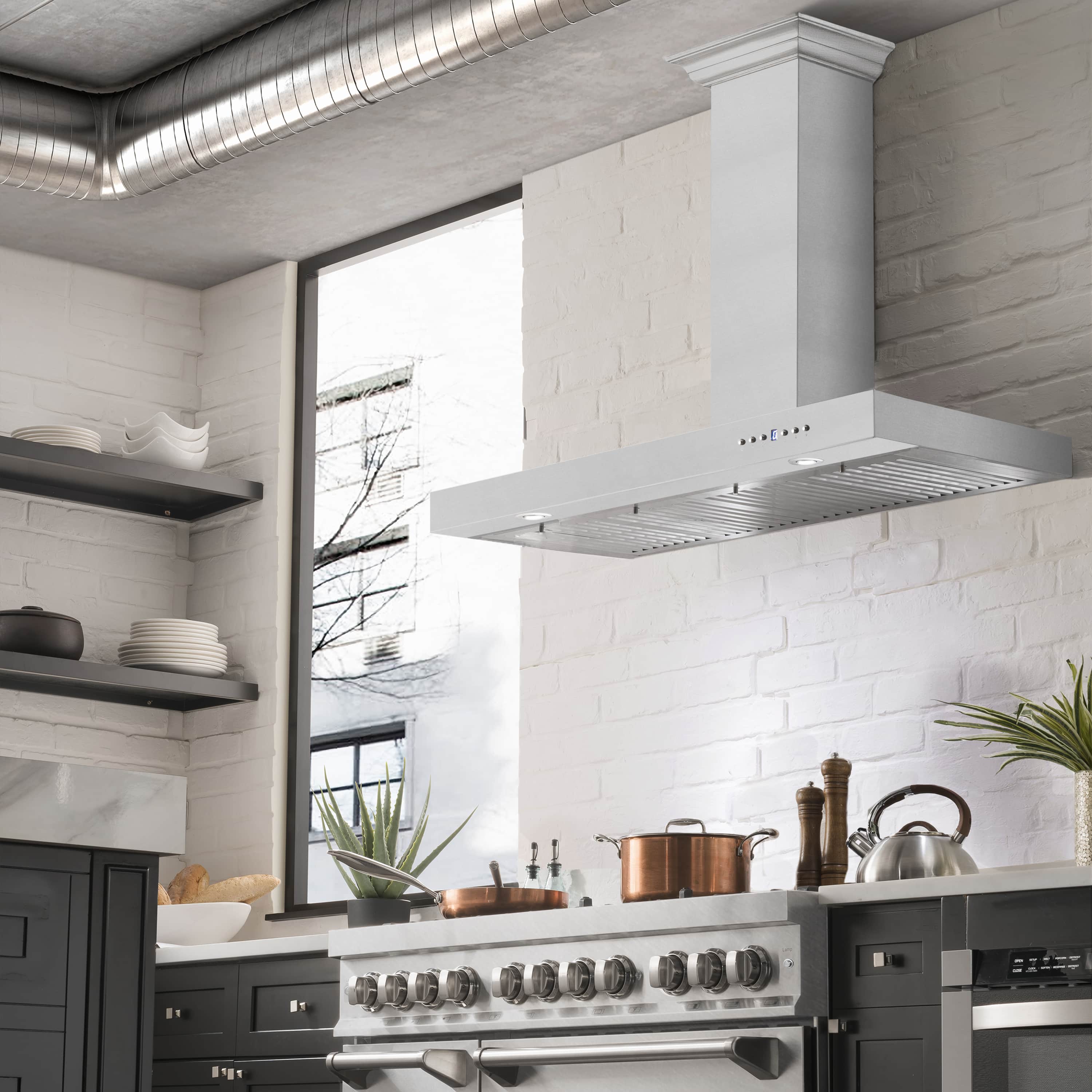 Stainless steel wall-mount range hood with extended vent canopy and filters