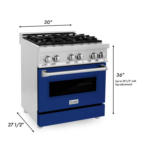 ZLINE 30-inch dual fuel range with blue oven door and stainless cooktop, front view