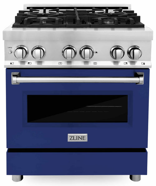 ZLINE 30-inch dual fuel range with blue glass oven door and stainless control panel