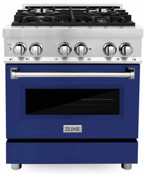 ZLINE 2-Piece Appliance Package - 30-inch Dual Fuel Range with Blue Gloss Door and Convertible Vent Range Hood in Stainless Steel (2KP-RABGRH30)