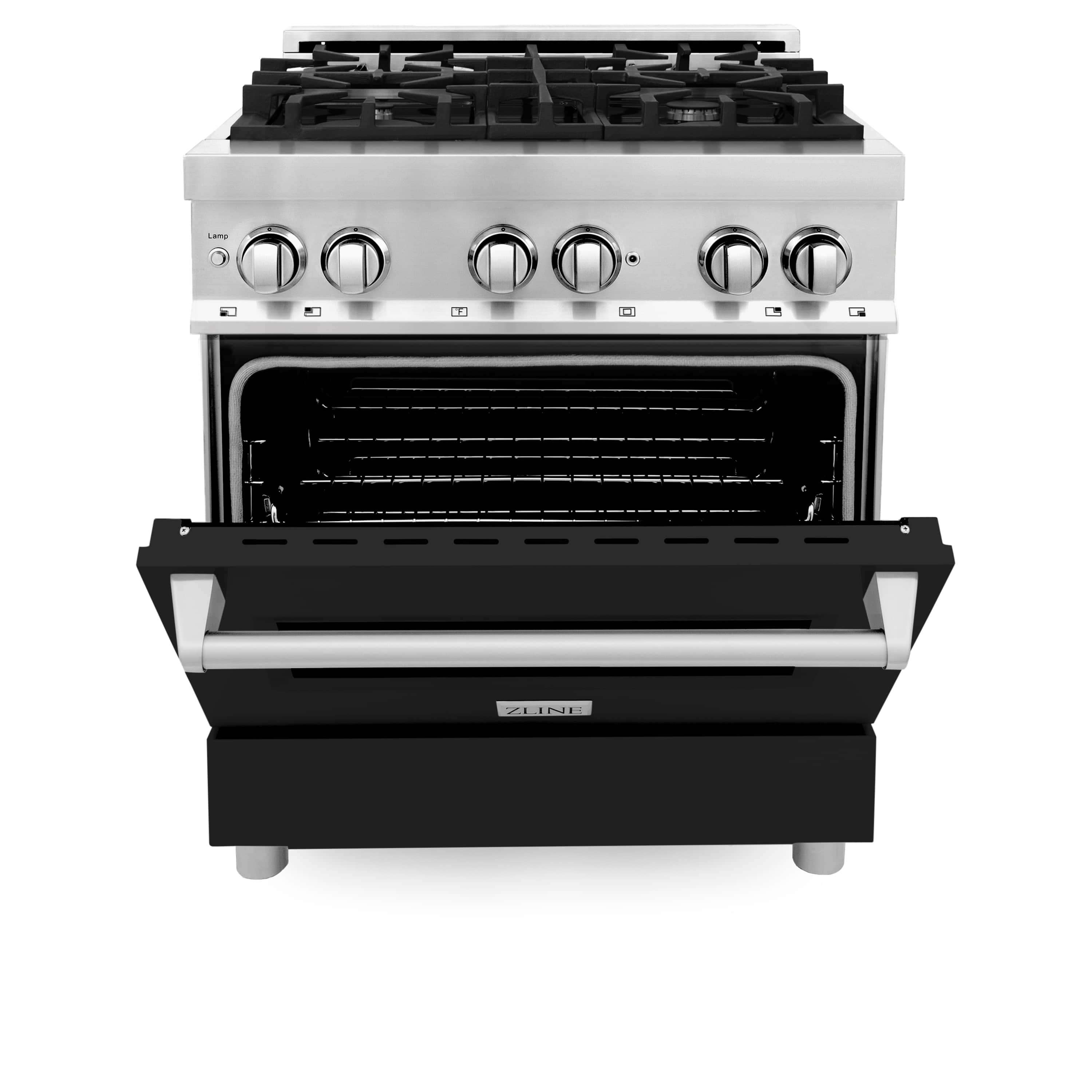 Freestanding dual fuel range with open oven door and stainless control panel