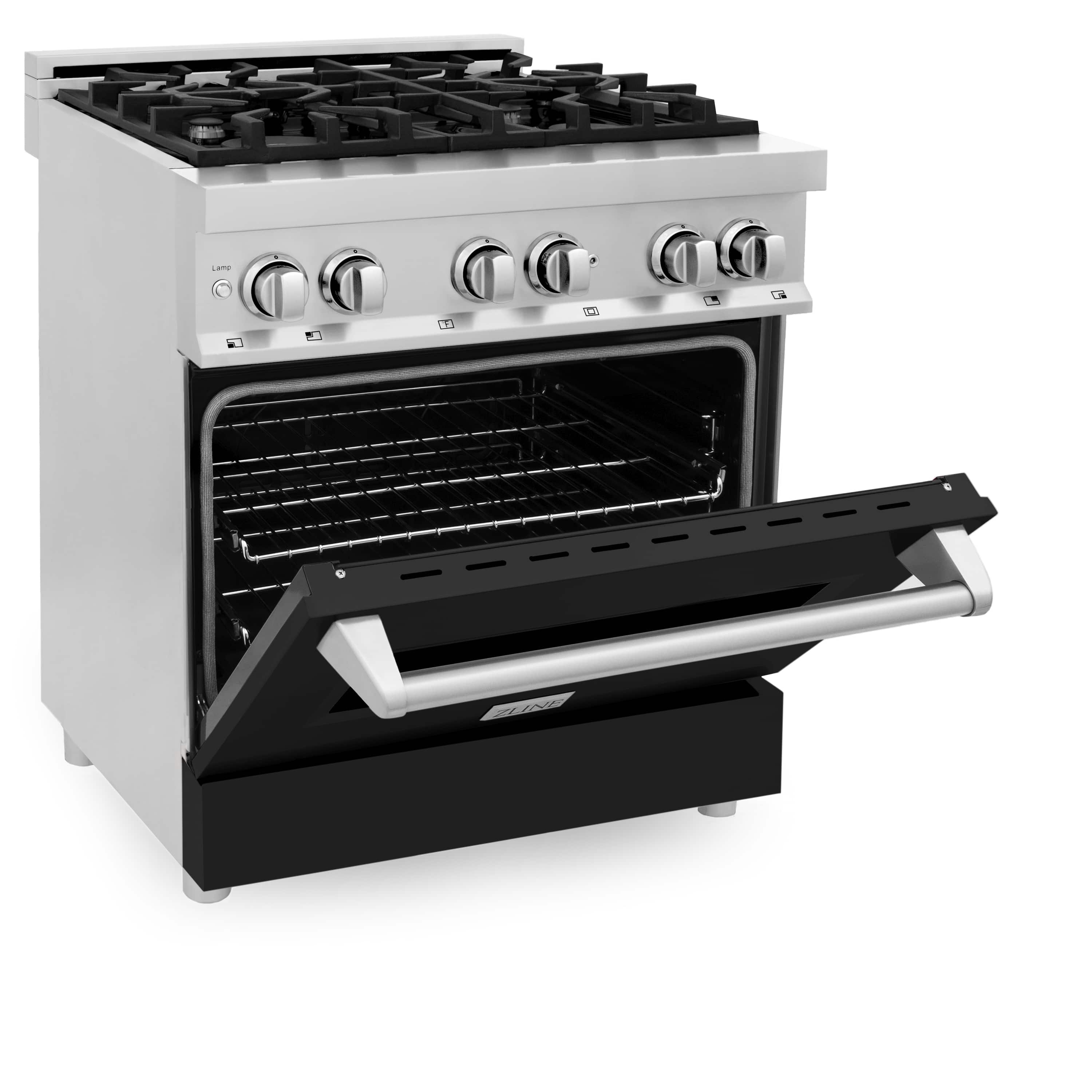 ZLINE dual fuel range with open oven door and 5-burner cooktop