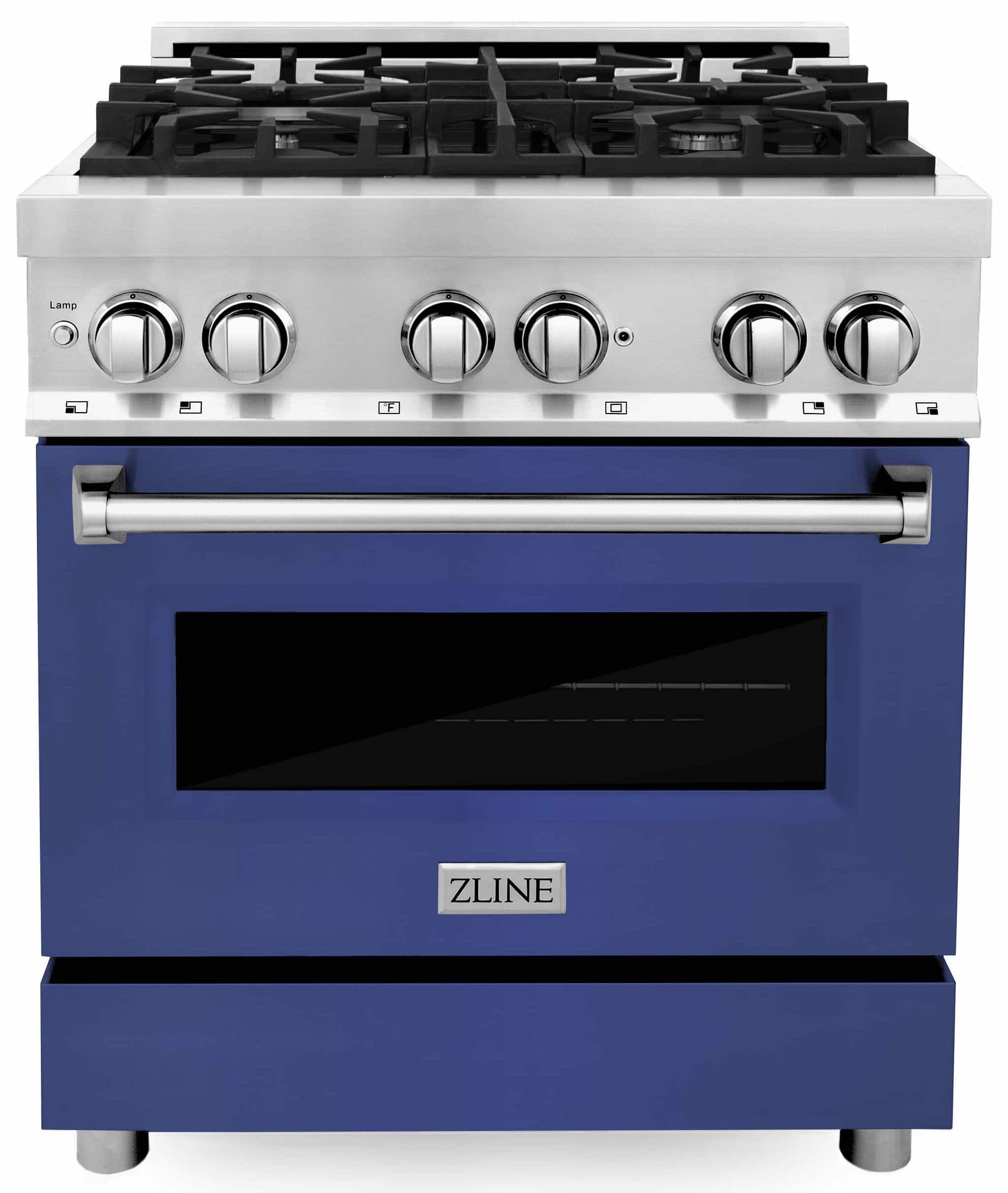 White and blue dual fuel range with stainless top and front oven door