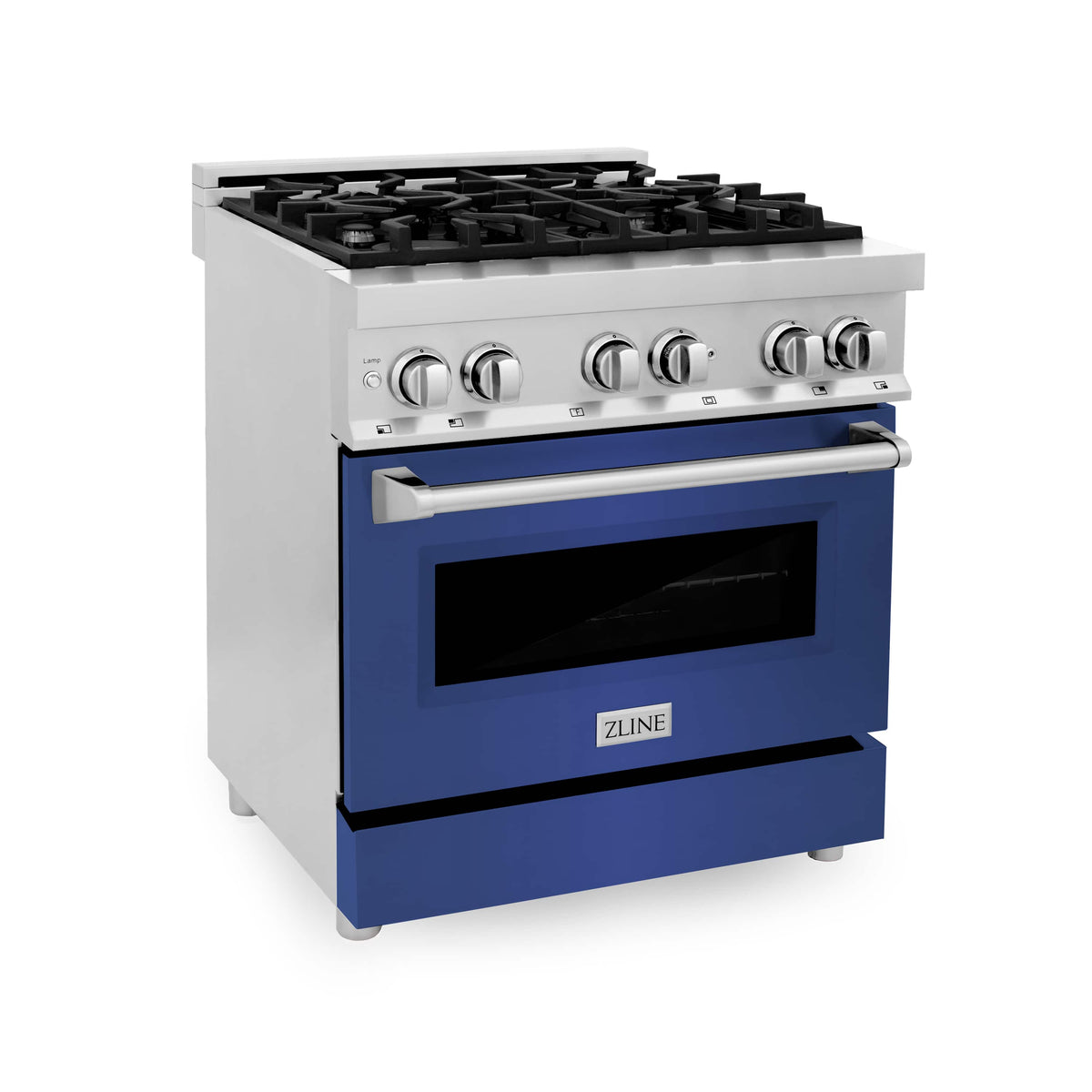 Front view of white and blue dual fuel range with black cooktop grates