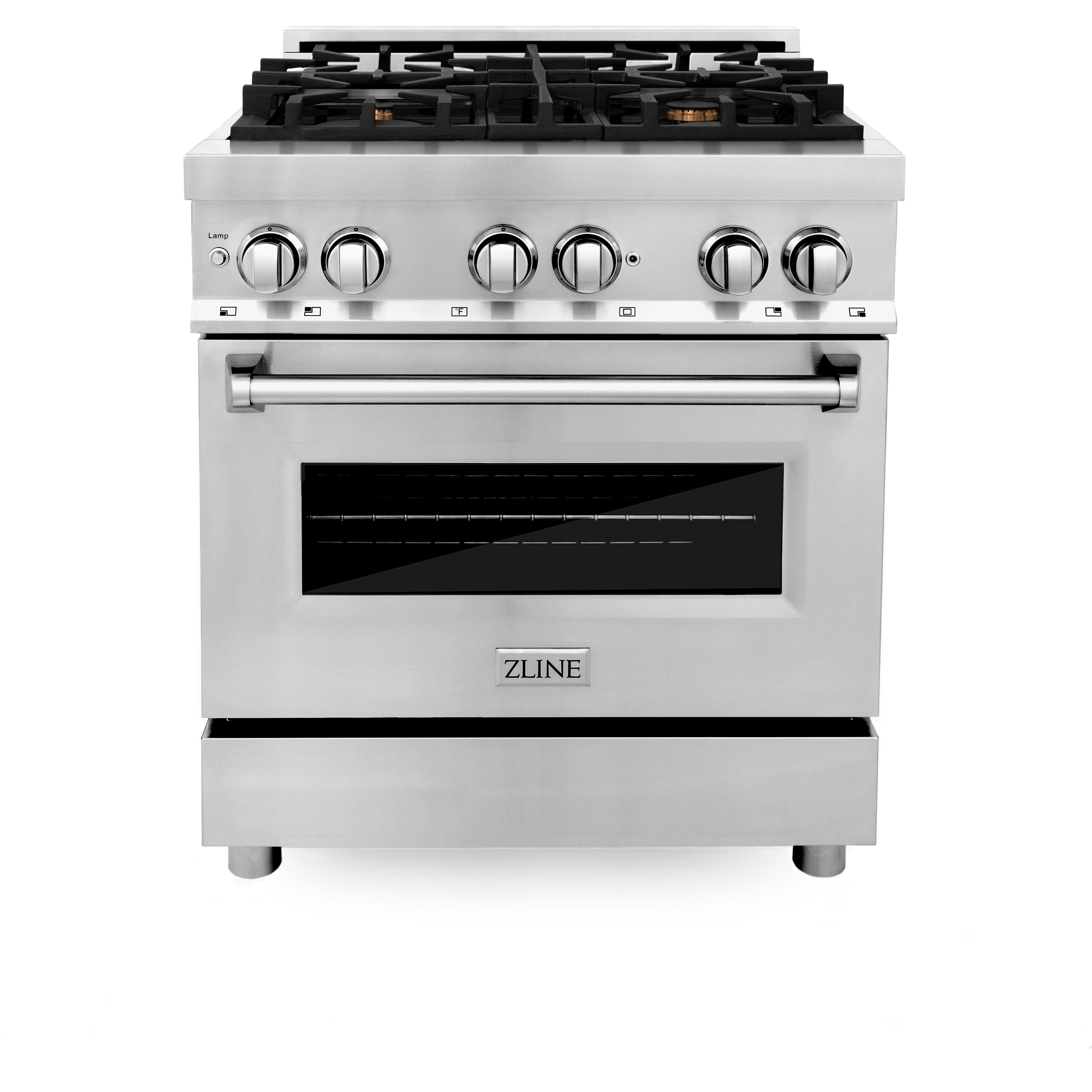 Stainless dual fuel range with four burners and black oven window, front view
