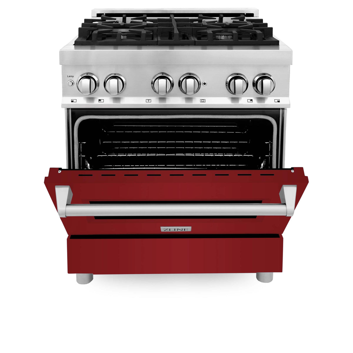 Dual fuel range with open oven door showing black cavity and red storage panel