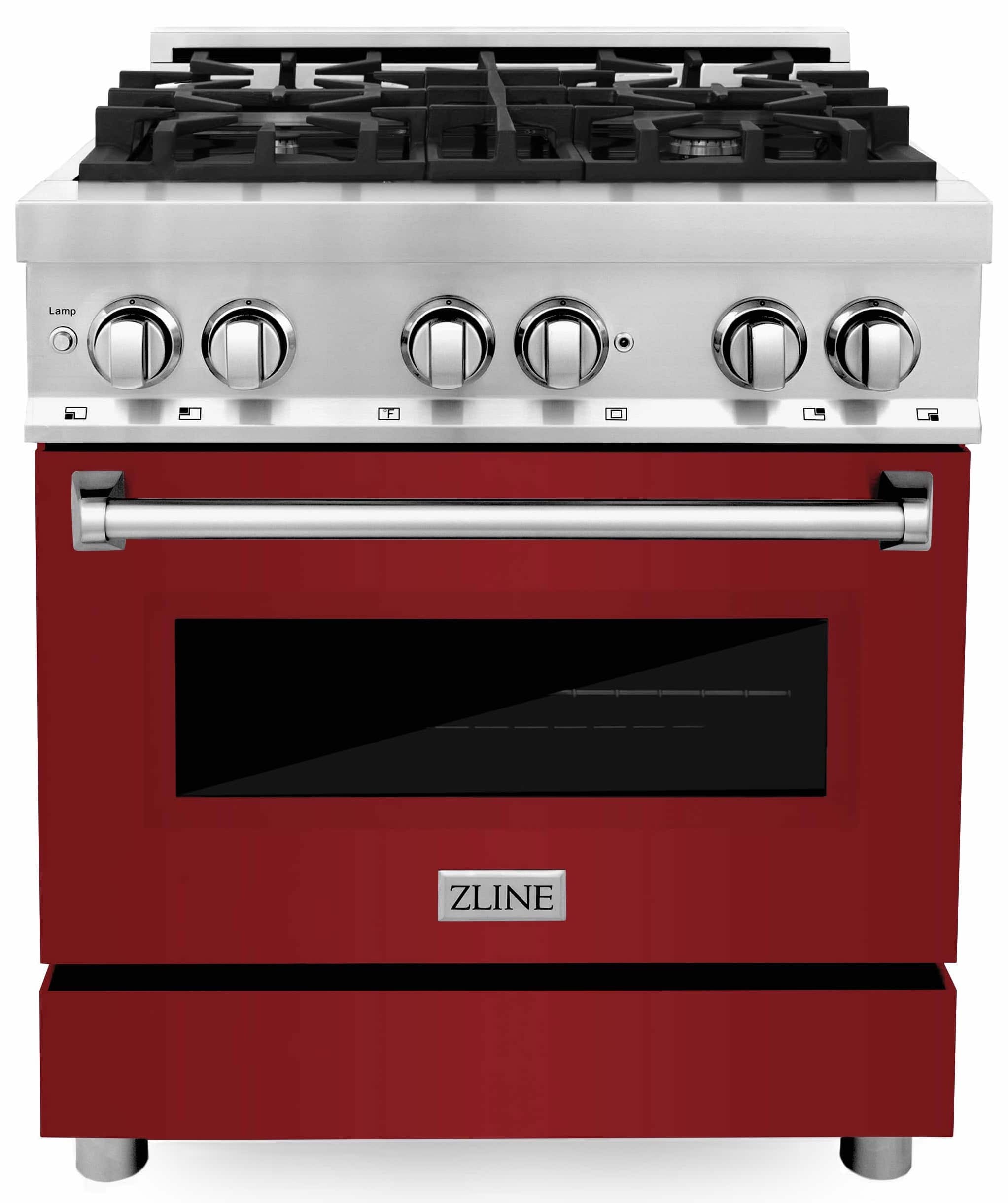 Dual fuel range with black cooktop, stainless controls, and red glossy oven door
