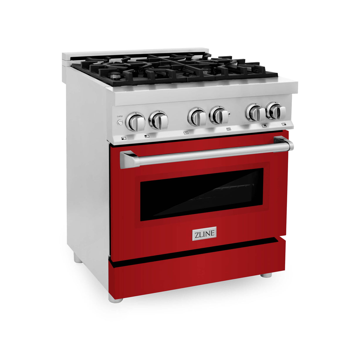 30-inch dual fuel range with red glossy door and silver control knobs
