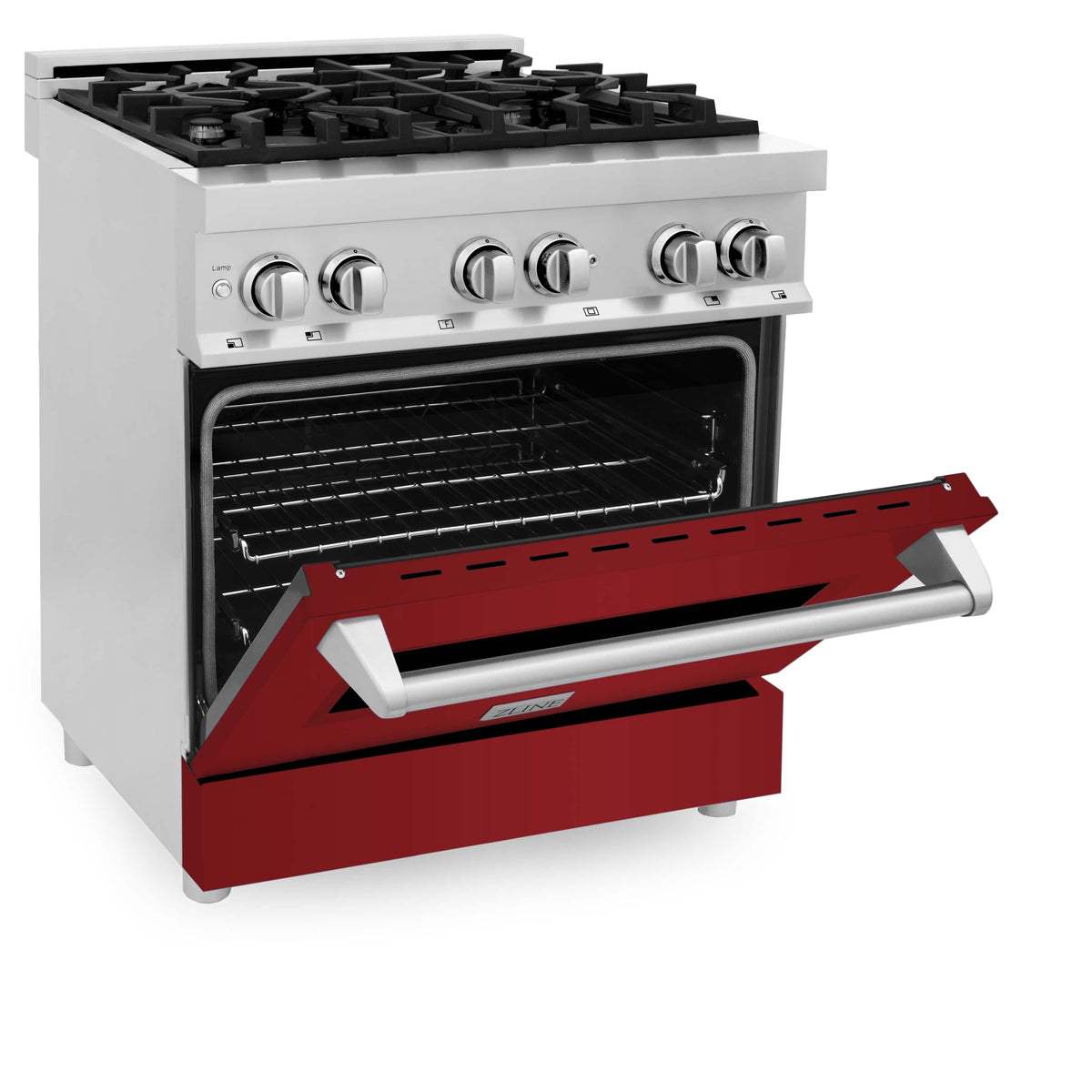 30-inch dual fuel range with open oven door and red lower panel