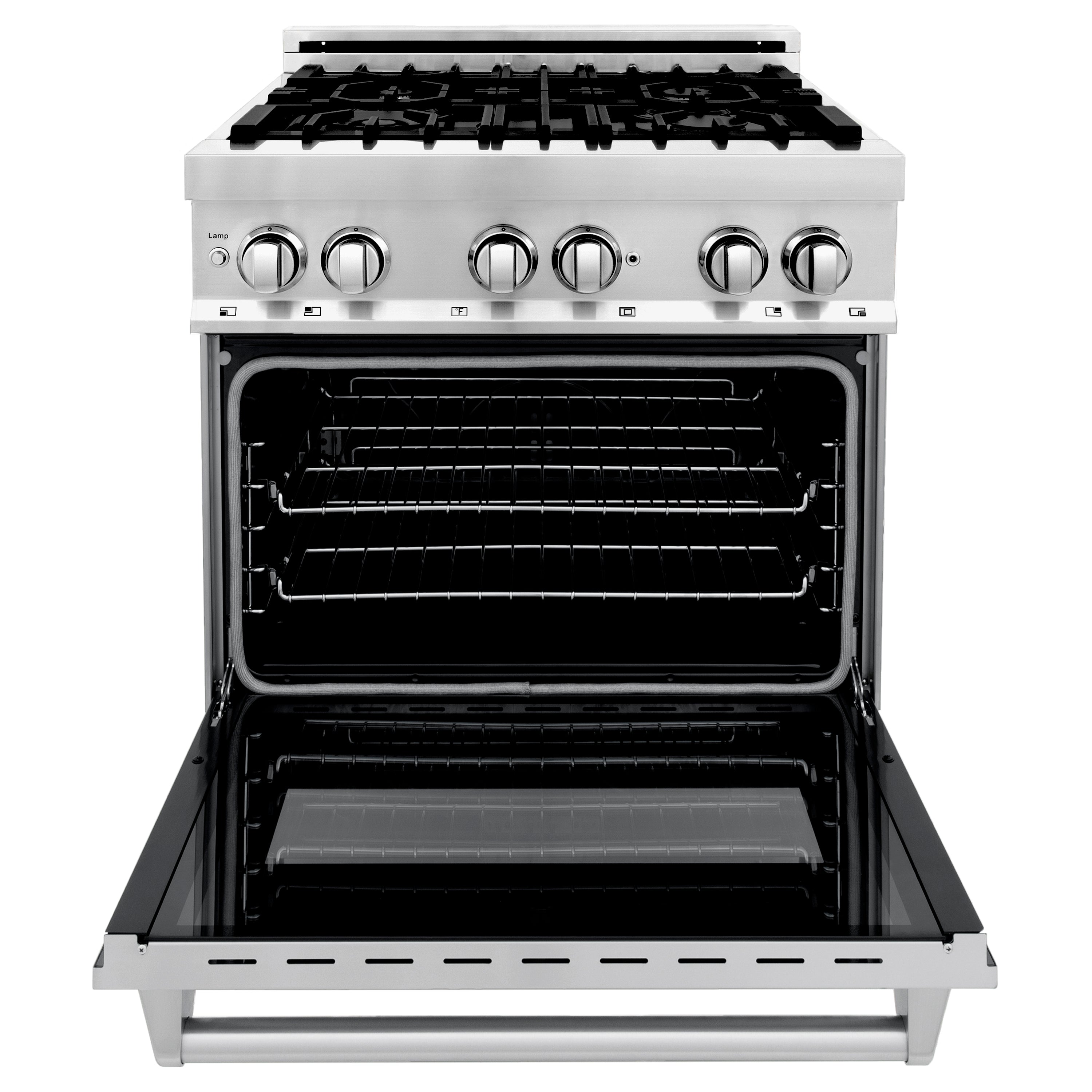 Stainless steel dual fuel range with oven door open and visible bake racks