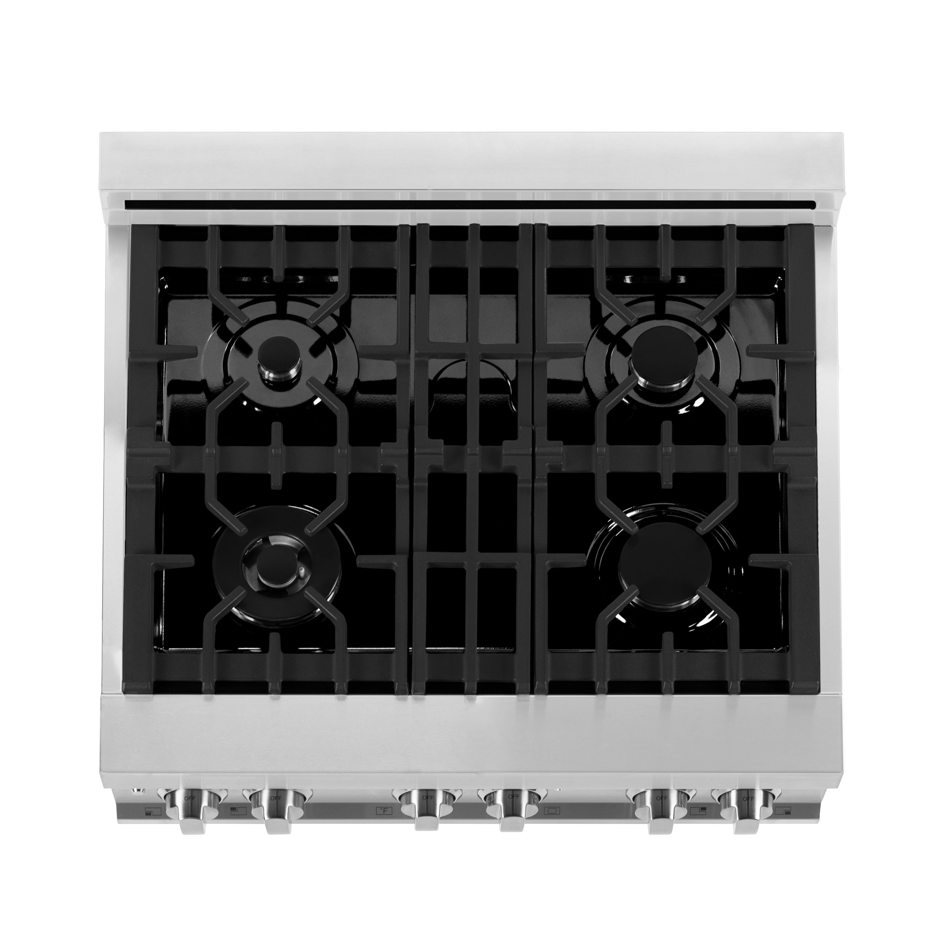 Four-burner gas cooktop with black grates and burner caps on stainless steel range
