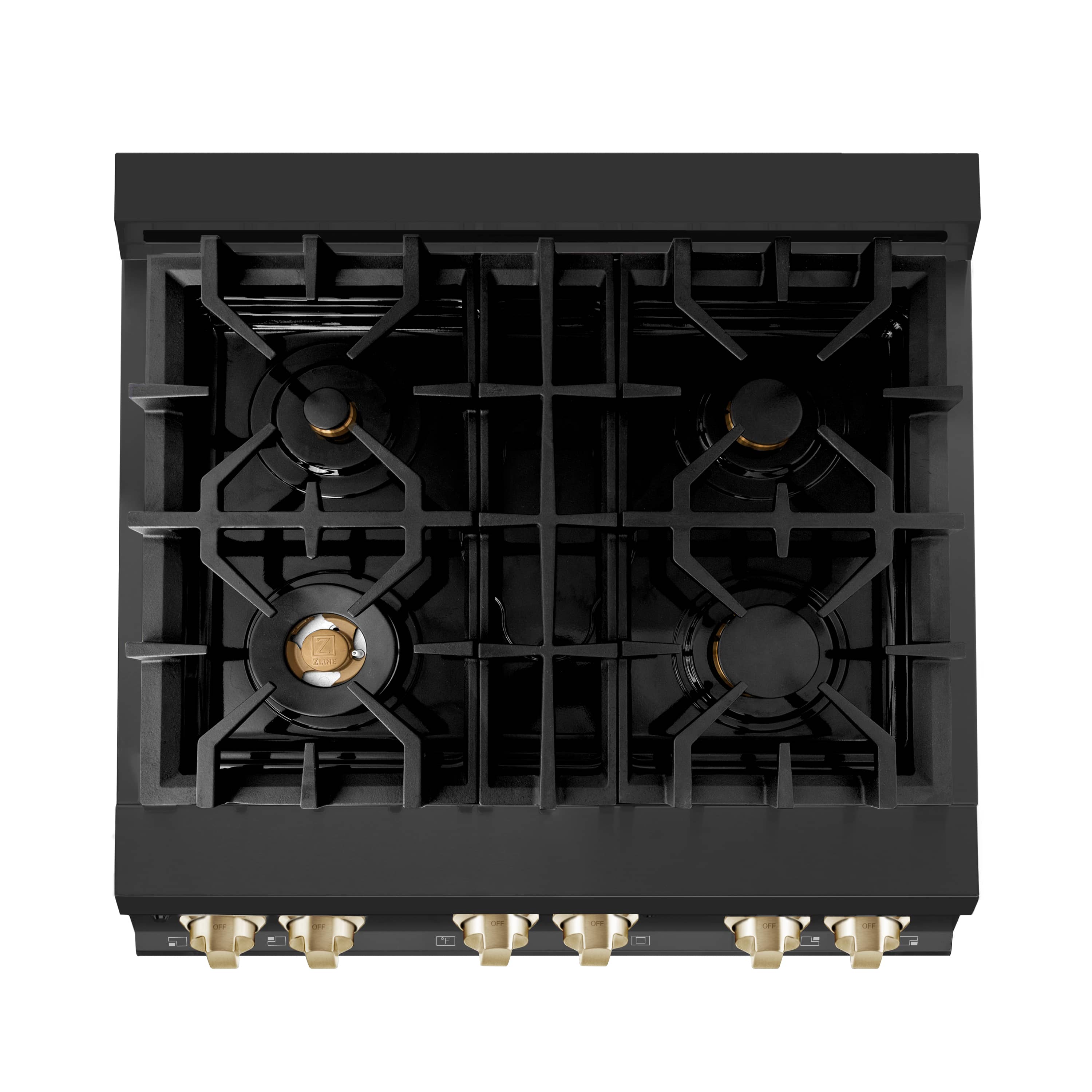 Black cooktop with four gas burner grates and gold control knobs, viewed from above