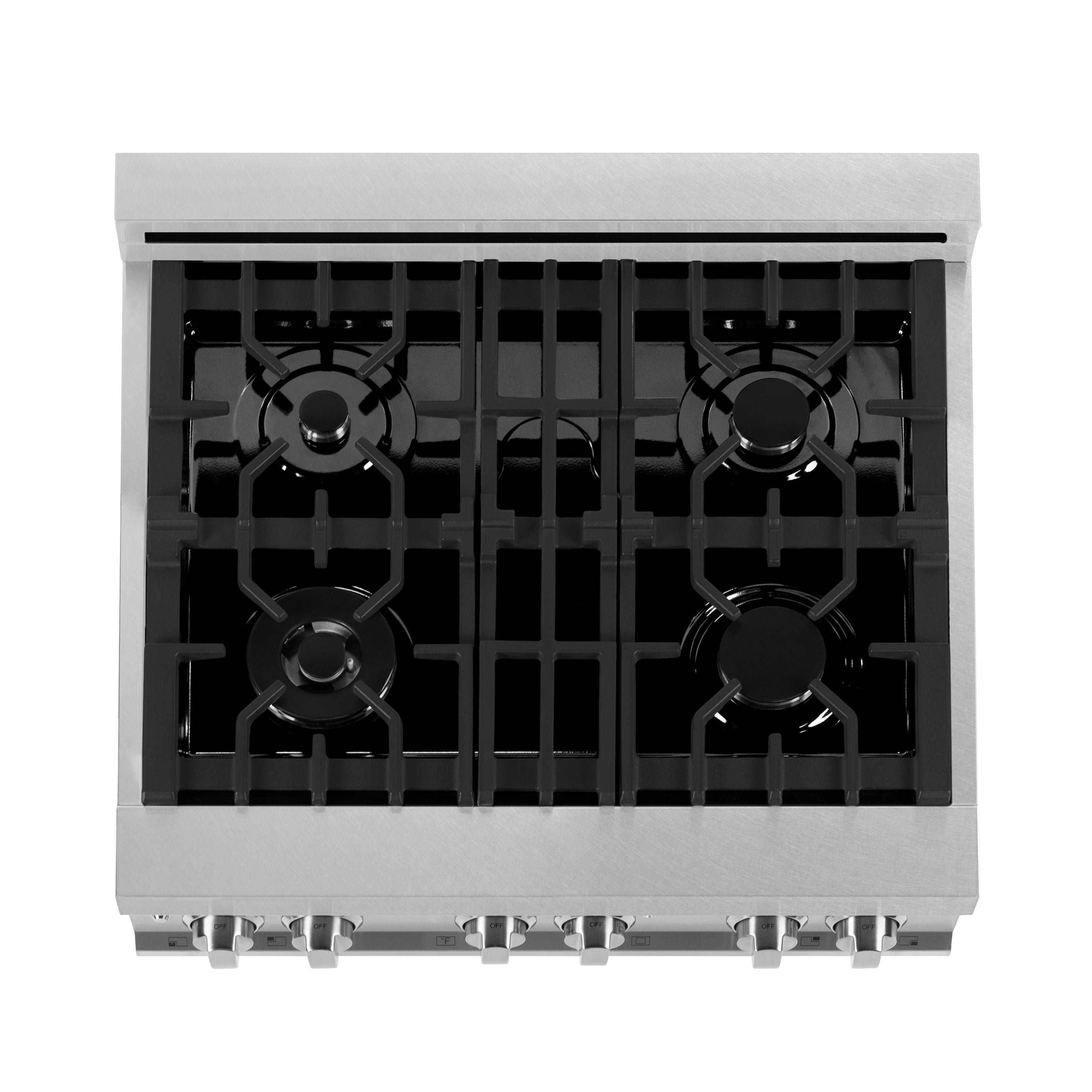 Stainless gas cooktop with four black burner grates and front control knobs