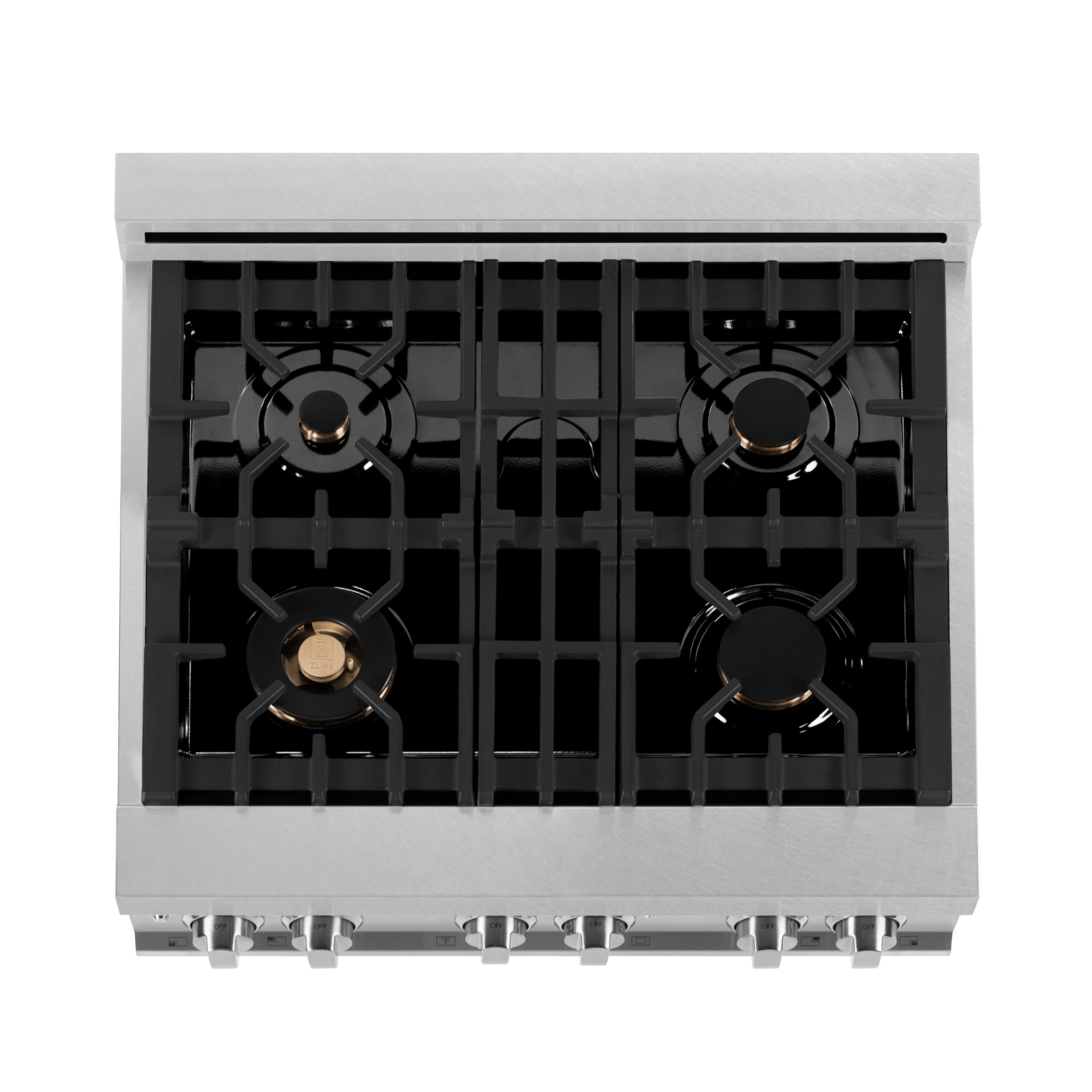 Black gas burner cooktop with four burners on cast grates and stainless control knobs