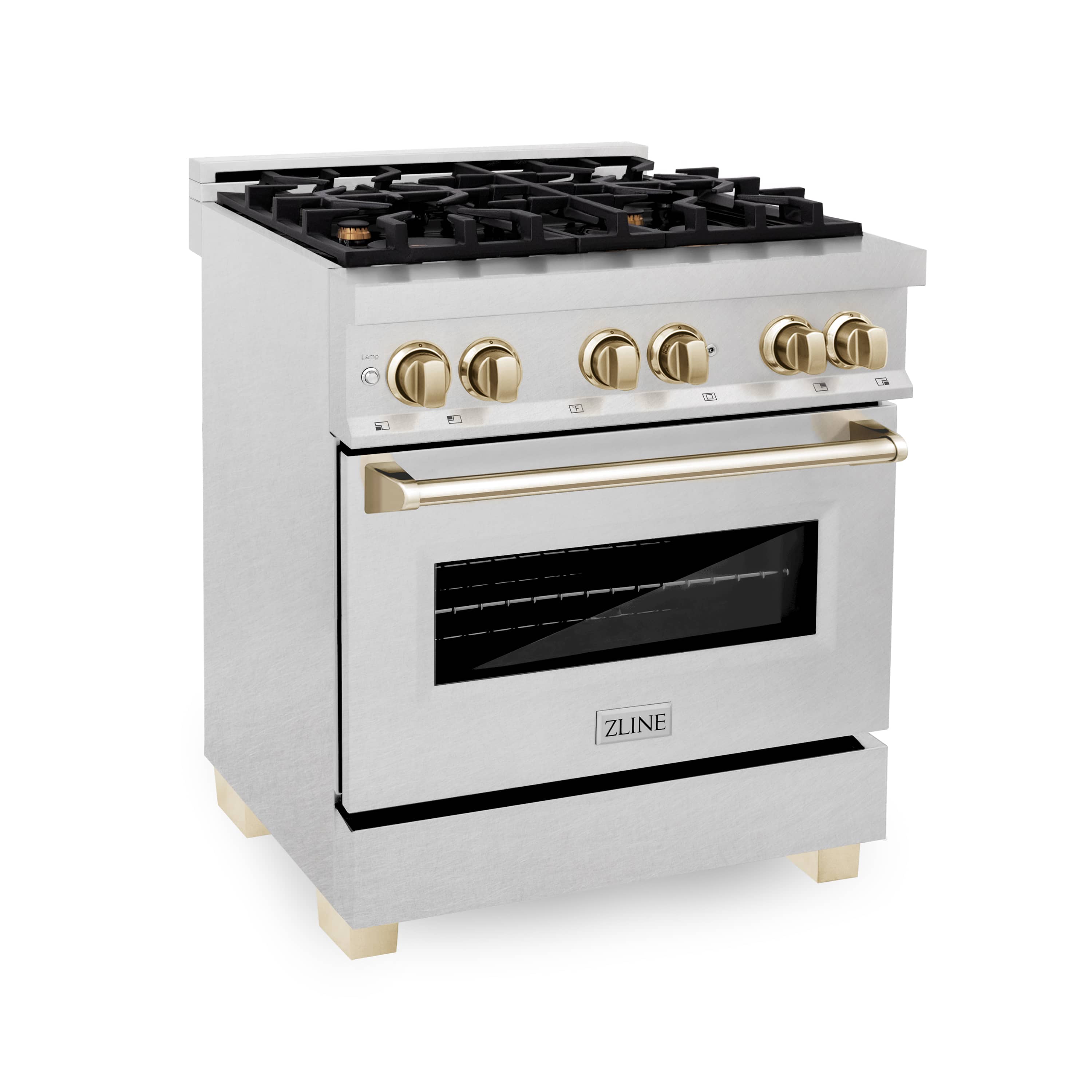 White satin stainless range with black gas grates, gold knobs, and oven window