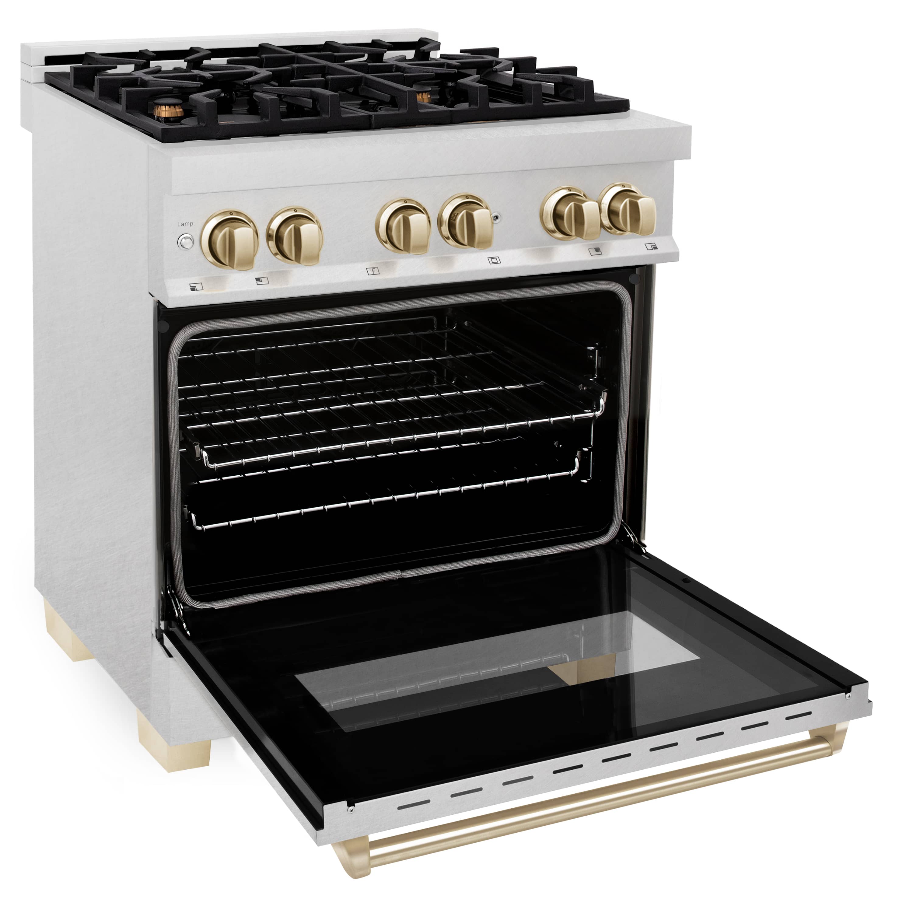 Stainless gas range with oven door open, black interior racks, and gold handle accents