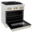 ZLINE Legacy Series Autograph Edition 30-inch Dual Fuel Range with Gas Stove and 4.0 Cu. Ft. Electric Oven in Fingerprint Resistant Satin Stainless Steel with Gold Accents (RASZ-SN-30-G)