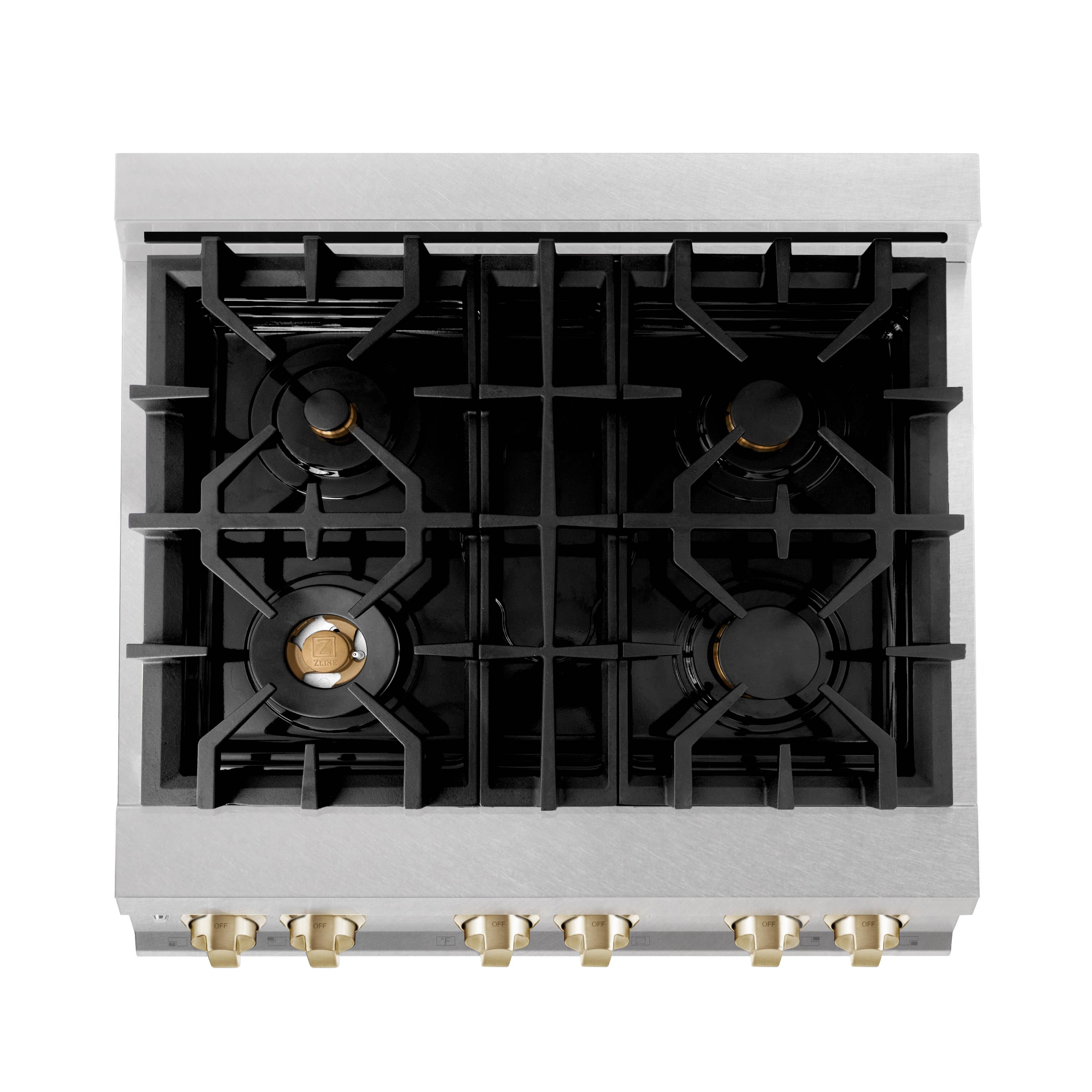 Top view of stainless gas cooktop grates with four burners and gold accents
