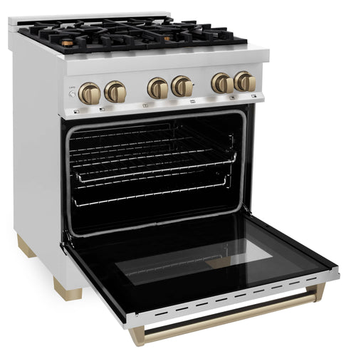 Stainless steel dual-fuel range with open oven door and brass gold knobs