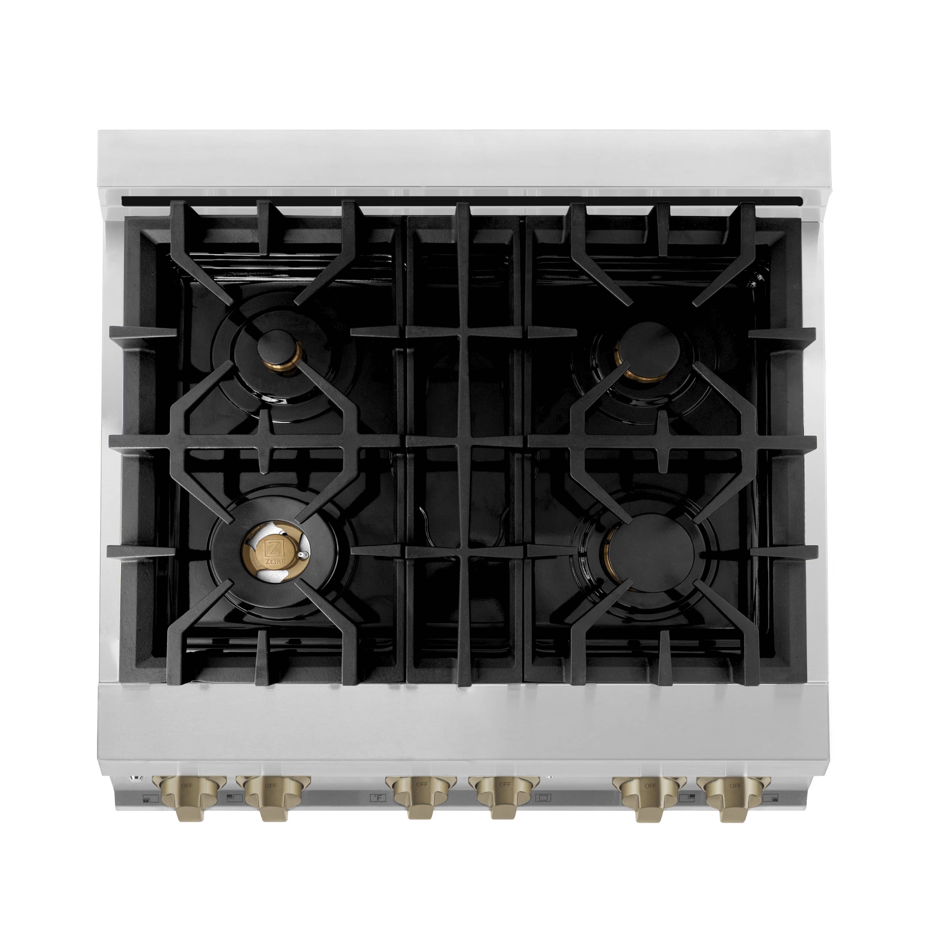 Dual fuel range cooktop with black cast-iron grates and champagne bronze burner caps