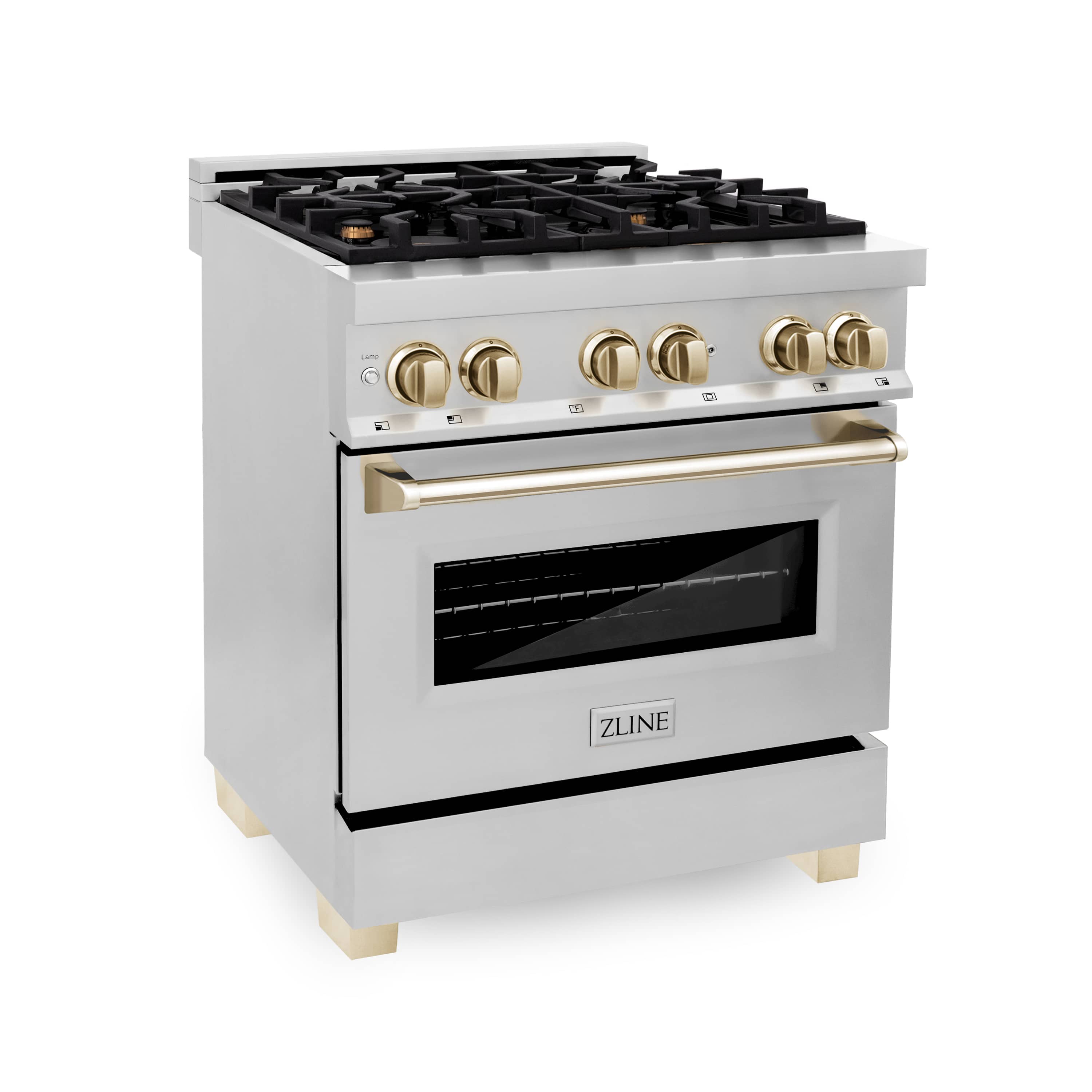 Stainless gas range with black burner grates and gold control knobs
