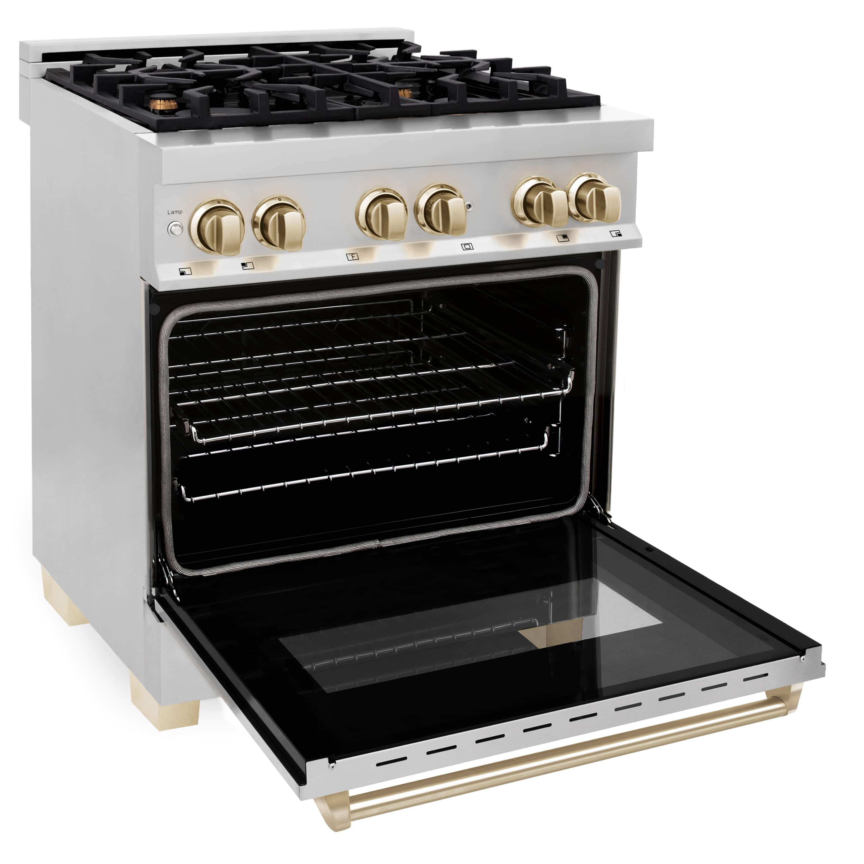 Stainless dual fuel range with open oven door and gold control knobs